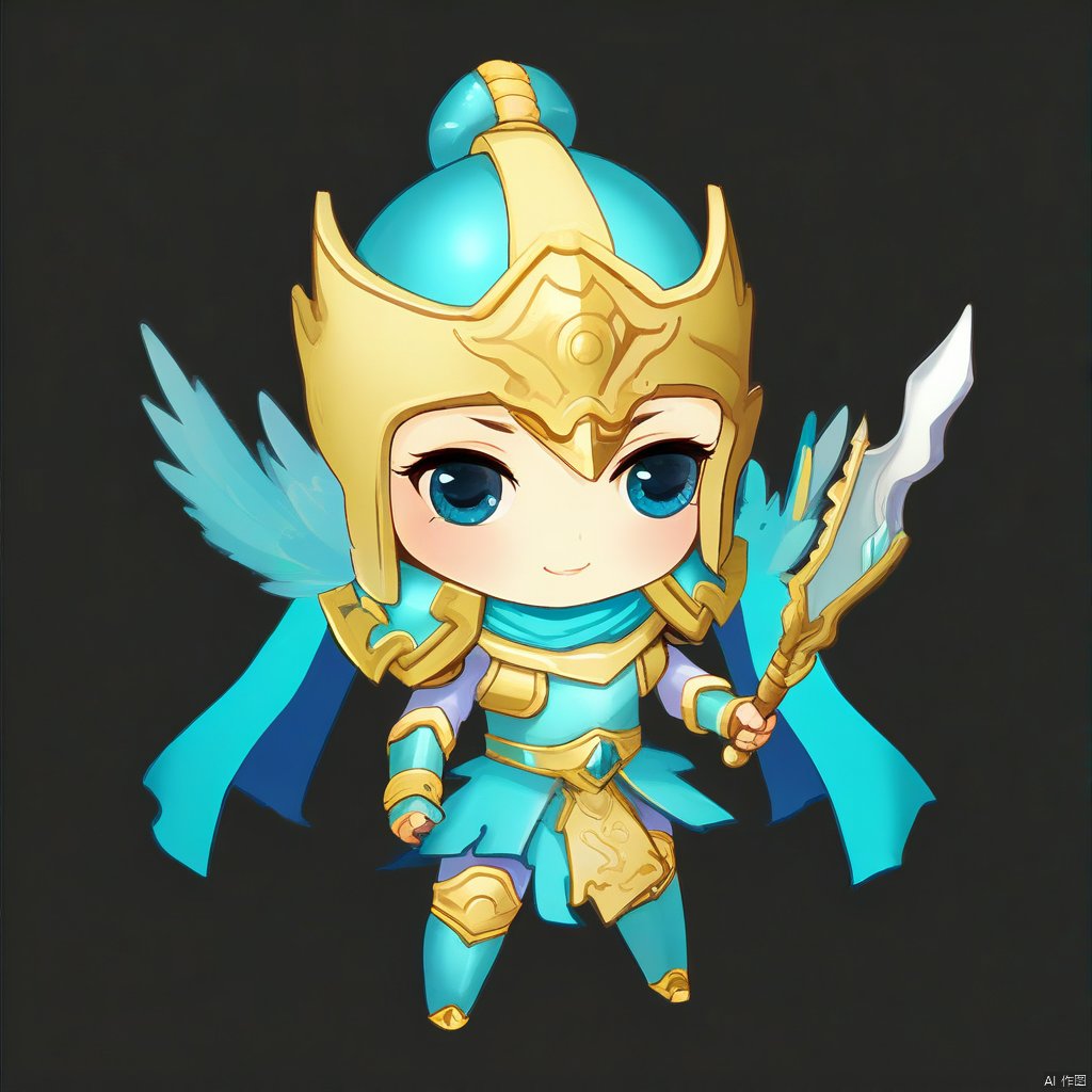 The Q version of the smart general is a slender woman wearing a small golden helmet decorated with playful tassels. Her face is large and round, her eyes are sparkling and her expression is sweet and full of vitality. Wearing light armor, cyan is the main color, and the edges of the armor are decorated with simplified patterns. He holds a small scimitar in his right hand and a small staff in his left hand. Her boots are simple in design, but her steps are light, making her look agile and cute