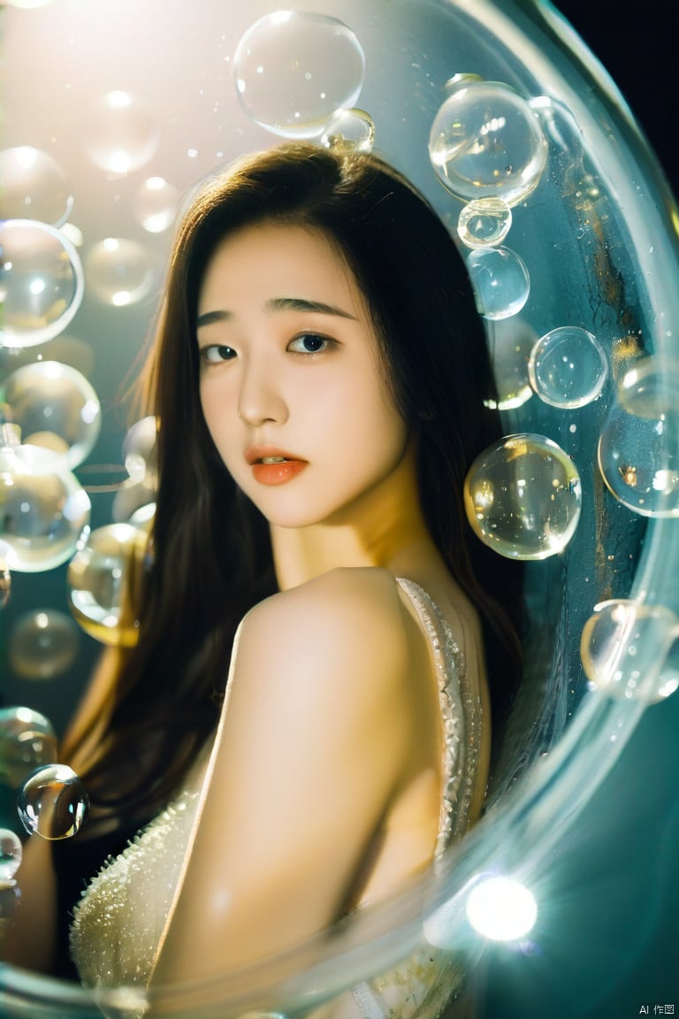 (ultra realistic,best quality),photorealistic portrait of 26yo hubggirl,清爽hubggirl,She is stylish and glamorous with her long hair and delicate features,surrounded by surreal floating water bubbles,splash detailed,surreal dramatic lighting shadow (lofi, analog),kodak film,moment eyes,beautiful face,sexy girl,full_body,