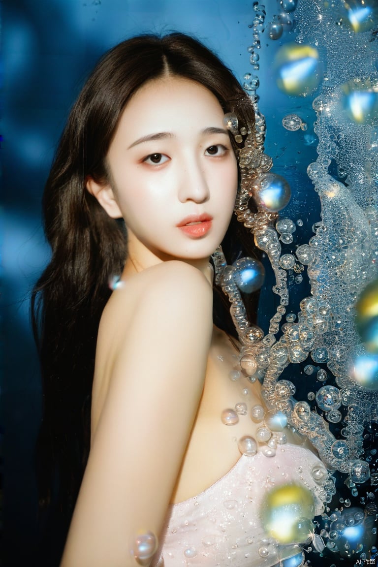 (ultra realistic,best quality),photorealistic portrait of 26yo hubggirl,清爽hubggirl,She is stylish and glamorous with her long hair and delicate features,surrounded by surreal floating water bubbles,splash detailed,surreal dramatic lighting shadow (lofi, analog),kodak film,moment eyes,beautiful face,sexy girl,full_body,