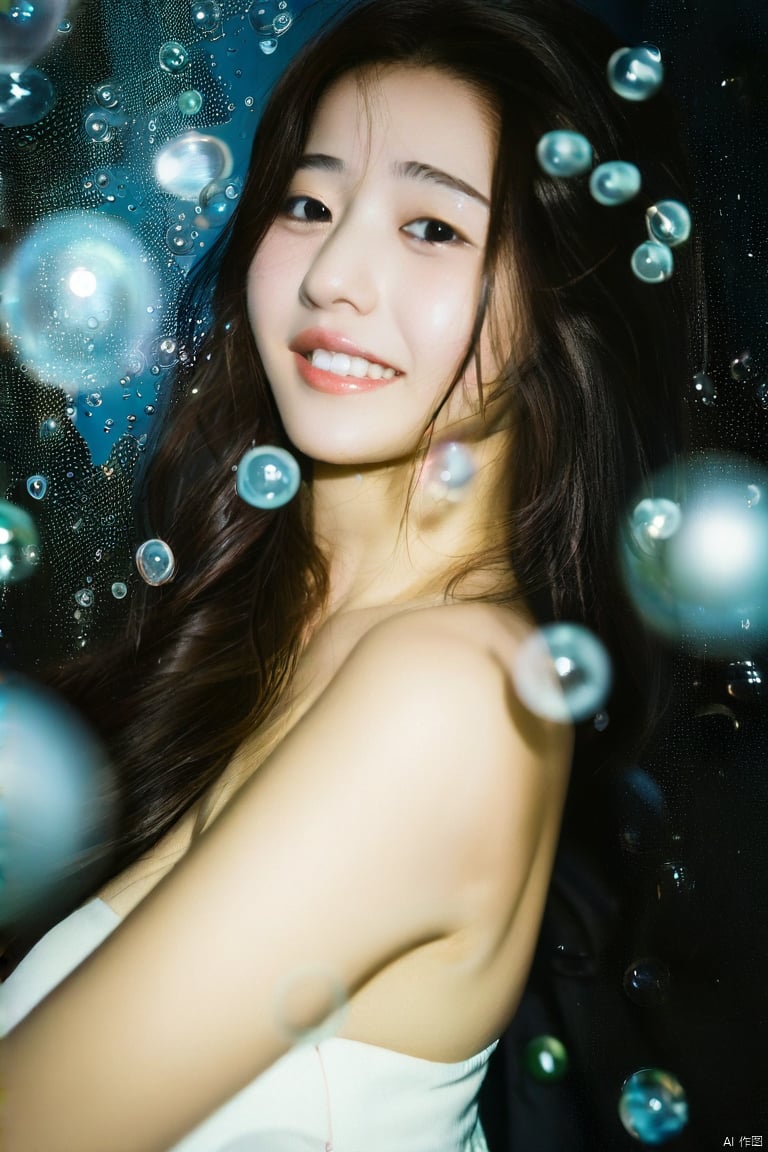 (ultra realistic,best quality),photorealistic portrait of 26yo hubggirl,清爽hubggirl,She is stylish and glamorous with her long hair and delicate features,surrounded by surreal floating water bubbles,splash detailed,surreal dramatic lighting shadow (lofi, analog),kodak film,moment eyes,beautiful face,sexy girl,full_body,