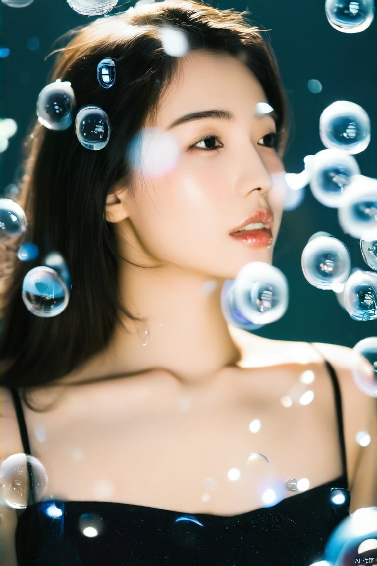 (ultra realistic,best quality),photorealistic portrait of 26yo hubggirl,清爽hubggirl,She is stylish and glamorous with her long hair and delicate features,surrounded by surreal floating water bubbles,splash detailed,surreal dramatic lighting shadow (lofi, analog),kodak film,moment eyes,beautiful face,sexy girl,full_body,