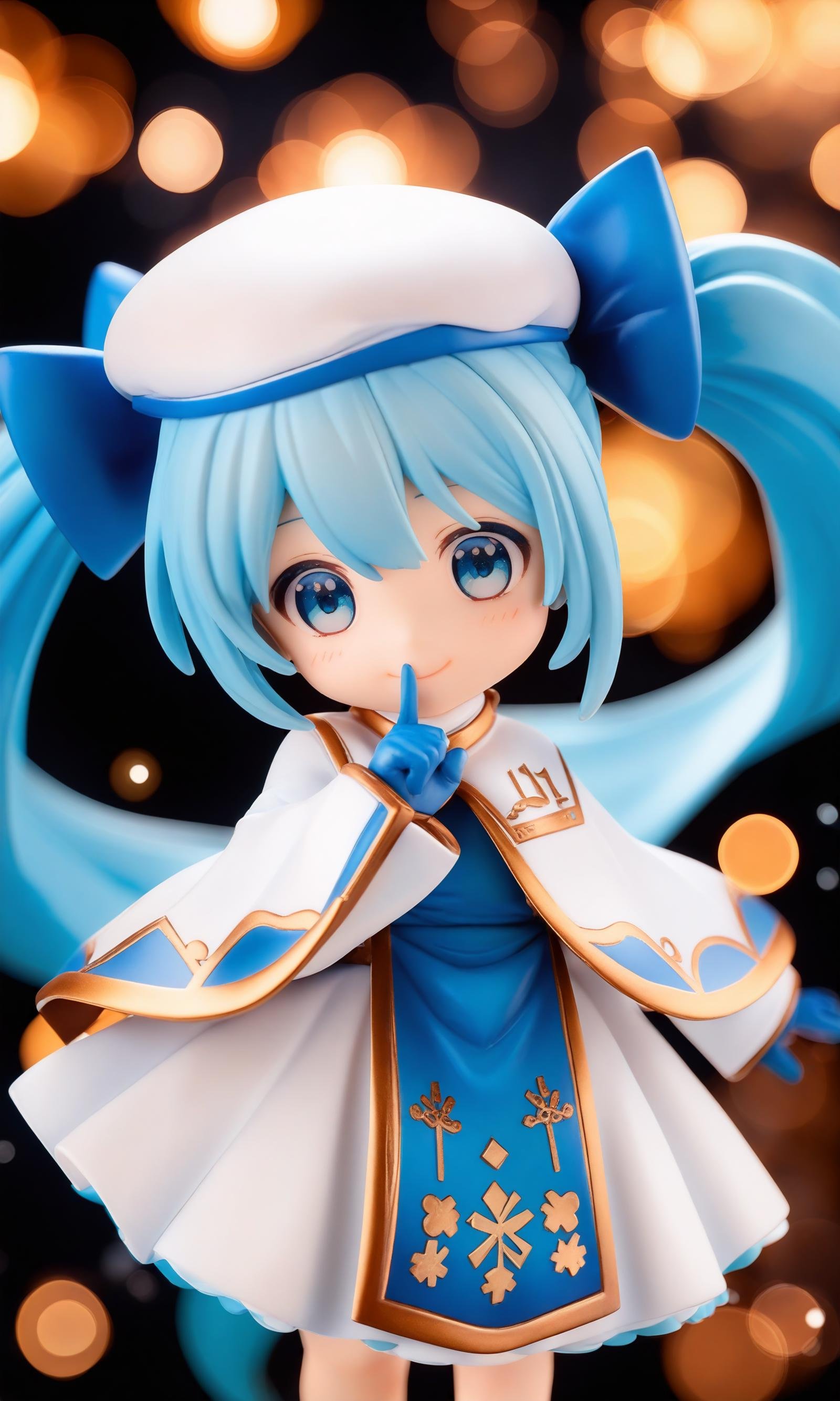 score_9,score_8_up,score_7_up,score_6_up,score_5_up,score_4_up,chibi,nendoroid, 1girl,yuki miku,hatsune miku,blue gloves,hat,blue eyes,blue hair,chibi,twintails,gloves,long hair,beret,hair ornament,snowflake print,solo,white headwear,smile,bow,dress,looking at viewer,blue bow,musical note hair ornament,light blue hair,very long hair,hair bow,white dress,treble clef,tabard,braid,gold trim,musical note,blurry,hand up,black background,capelet,blue tabard,finger to mouth,fur trim,standing,long sleeves,bokeh,snowflakes,blurry background,depth of field,a figurine with blue hair and blue eyes,q posket,nendoroid eyes,nendroid,half figure shot,high detail!!,style as nendoroid,with gorgeous detailed eyes,macro view,adorable appearance!!!,