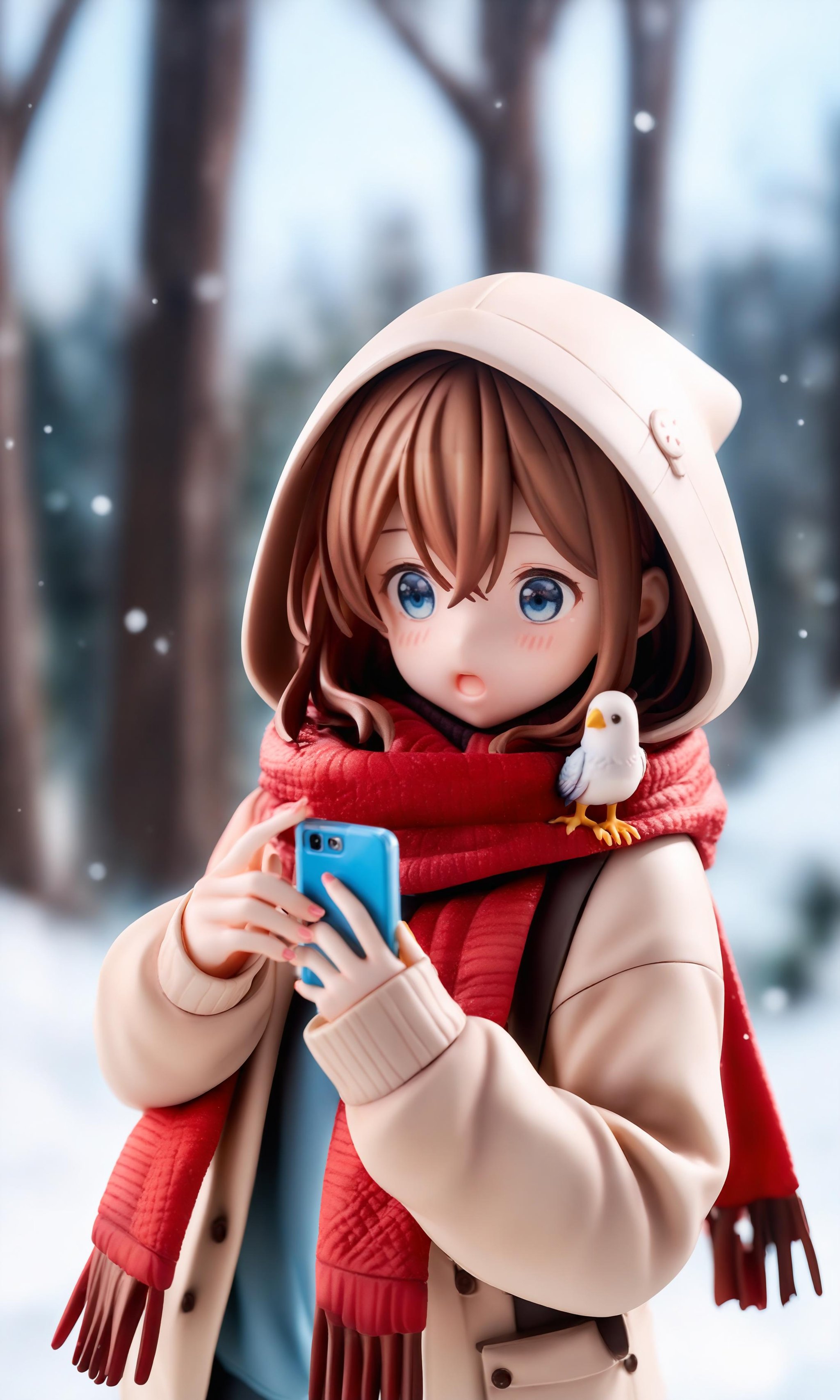 score_9,score_8_up,score_7_up,score_6_up,source_anime,1girl,safe,solo,long hair,blush,open mouth,blue eyes,brown hair,long sleeves,hair ornament,holding,hair between eyes,upper body,outdoors,hood,blurry,scarf,:o,sweater,fingernails,tree,blurry background,bird,phone,hood down,cellphone,smartphone,pink nails,holding phone,red scarf,winter,shallow depth of field,highly detailed,high budget,cinemascope,epic,color graded cinematic,atmospheric lighting,imperfections,natural,shallow dof,