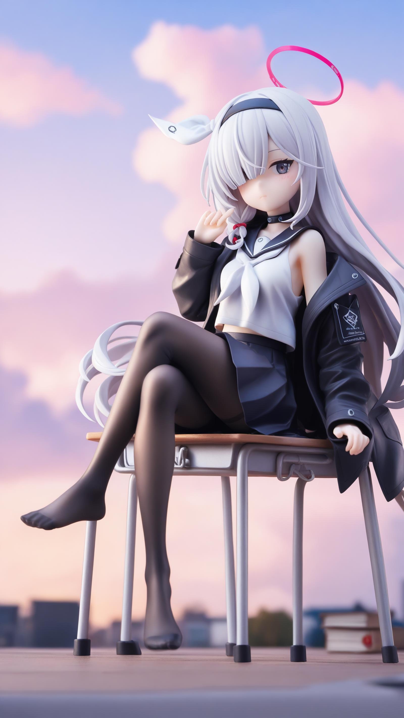 (score_9,score_8_up,score_7_up),source_anime,<lora:blue_archive_all_v2:0.8>,absurdres,sitting,feet,long_sleeves,black_sailor_collar,blush,cloudy_sky,solo,white_neckerchief,black_choker,open_coat,hair_over_one_eye,crossed_legs,closed_mouth,signature,black_pantyhose,black_skirt,black_hairband,outdoors,highres,black_coat,black_serafuku,school_desk,1girl,pleated_skirt,plana_\(blue_archive\),looking_at_viewer,no_shoes,