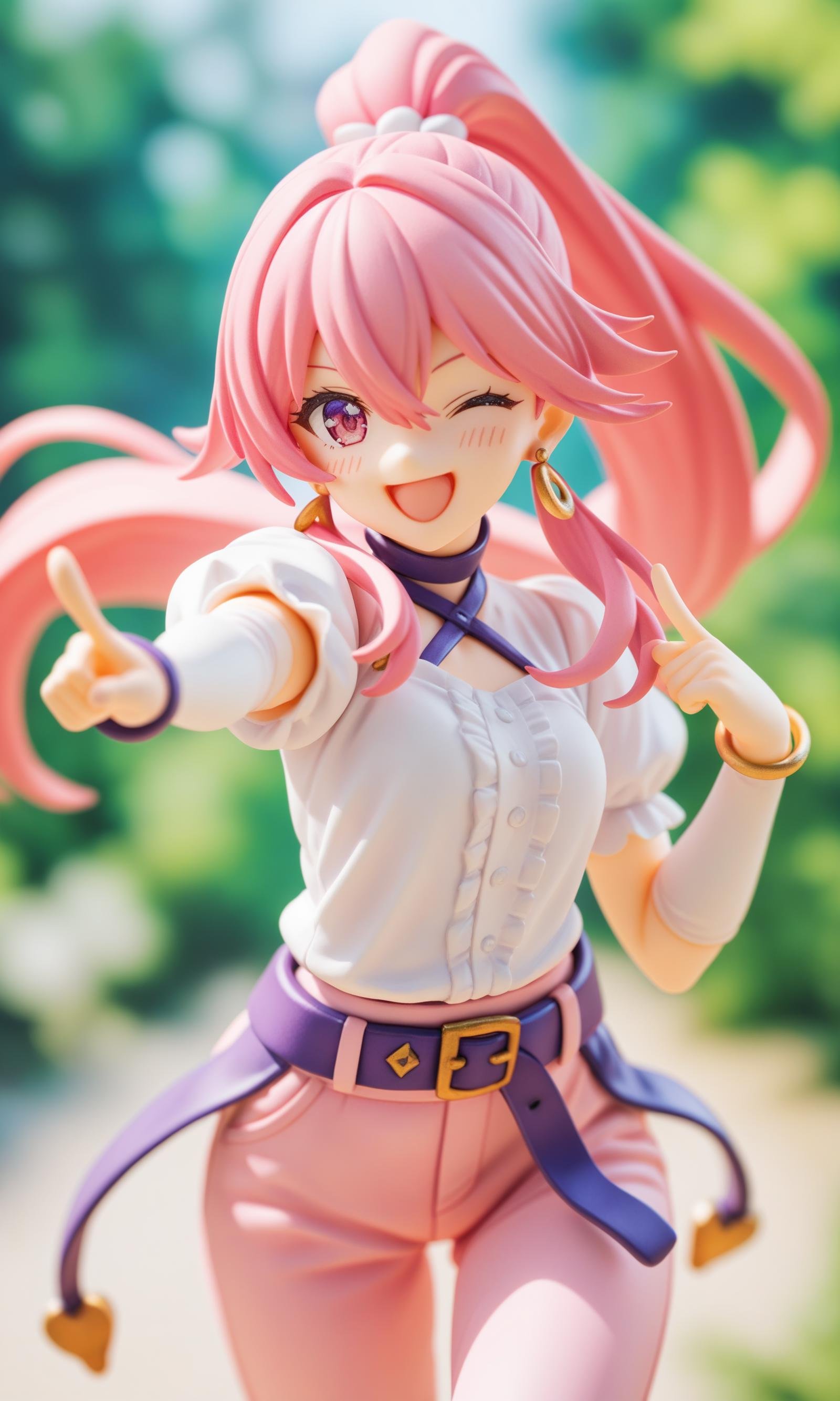 score_9,score_8_up,score_7_up,source_anime,blurry background,pov,wink,pointing,cowboy shot,open smile,blush,pink hair,high ponytail,pink eyes,long hair,earring,hair between eyes,white shirt,belt,pink pants,puffy pants,elbow gloves,purple belt,bracelet,green neckercheif,