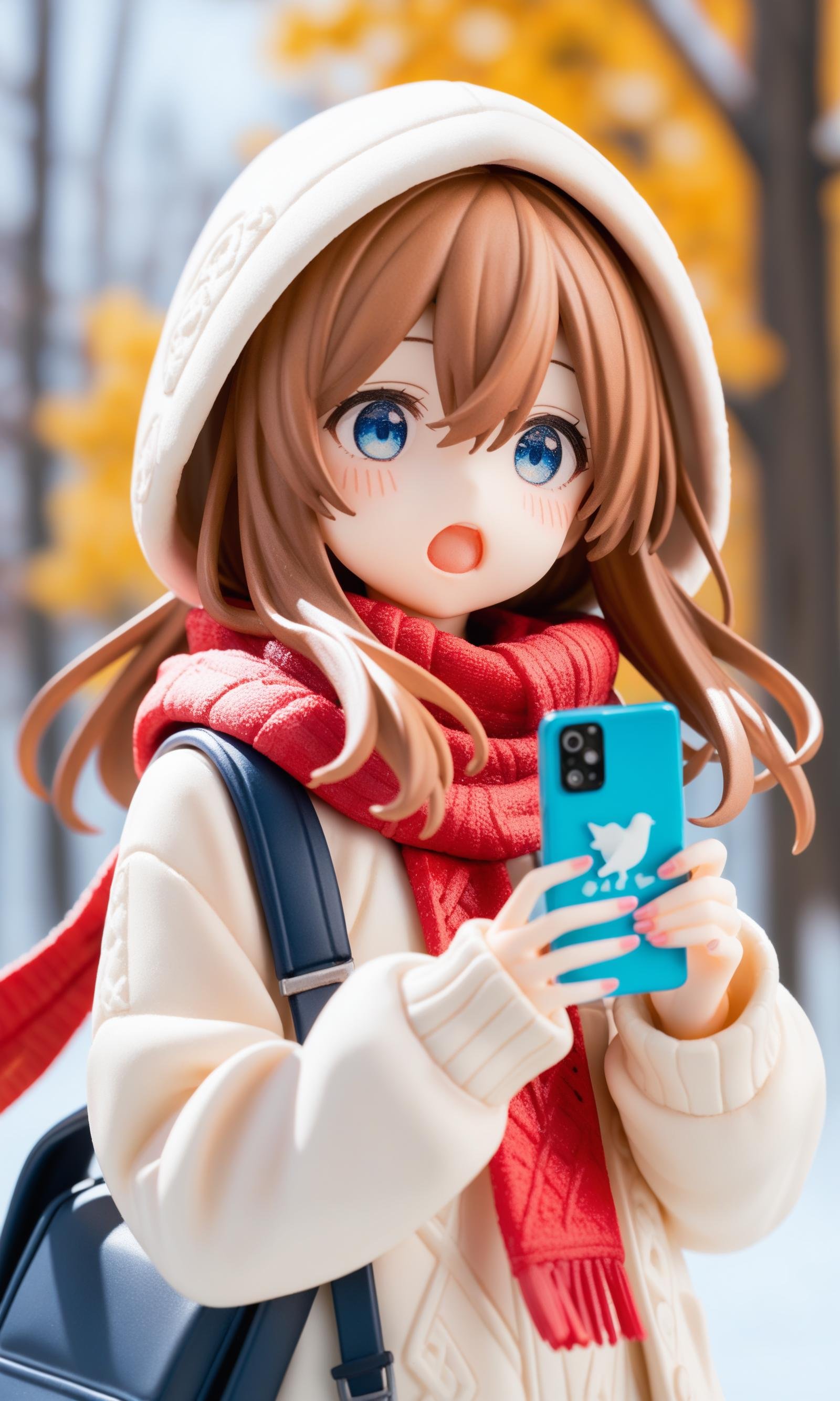 score_9,score_8_up,score_7_up,source_anime,1girl,safe,solo,long hair,blush,open mouth,blue eyes,brown hair,long sleeves,hair ornament,holding,hair between eyes,upper body,outdoors,hood,blurry,scarf,:o,sweater,fingernails,tree,blurry background,bird,phone,hood down,cellphone,smartphone,pink nails,holding phone,red scarf,winter,