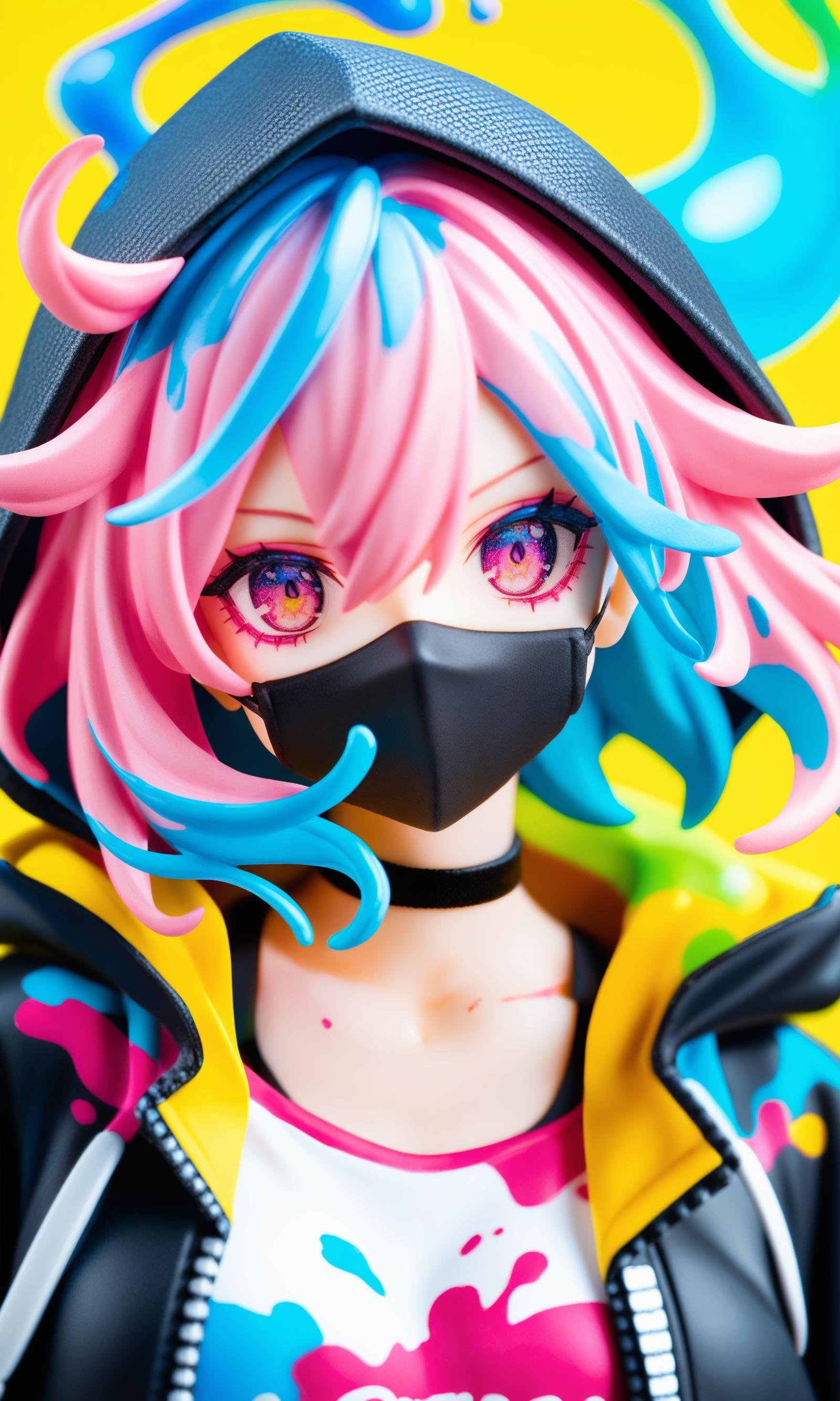 score_9,score_8_up,score_7_up,source_anime,solo,yellow background,choker,multicolored eyes,looking at viewer,1girl,black choker,portrait,multicolored hair,blue hair,pink hair,hood,halftone,short hair,pink eyes,liquid hair,covered mouth,paint splatter,floating hair,colorful,hair between eyes,makeup,hood down,