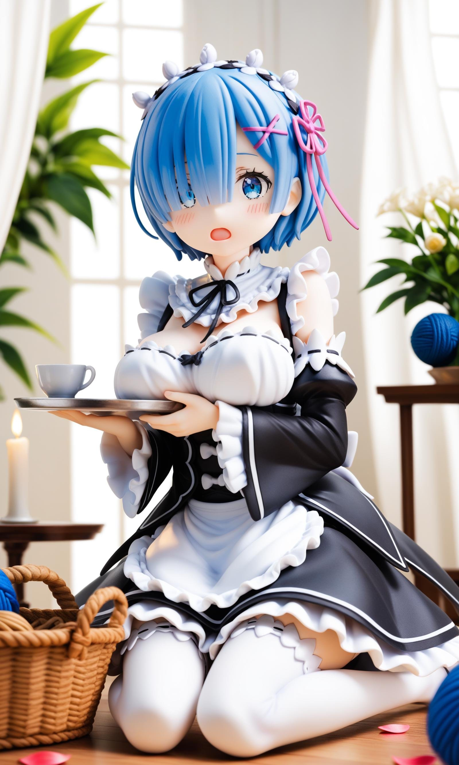 score_9,score_8_up,score_7_up,source_anime,1girl,breasts,solo,blue eyes,rem (re:zero),blue hair,thighhighs,roswaal mansion maid uniform,large breasts,x hair ornament,maid,short hair,hair ornament,detached sleeves,curtains,white thighhighs,dress,kneeling,indoors,frills,looking at viewer,blush,ribbon,flower,open mouth,table,apron,detached collar,hair ribbon,black dress,breast hold,bare shoulders,yarn ball,bangs,cup,yarn,candlestand,hair over one eye,petals,waist apron,maid headdress,plant,black ribbon,pink ribbon,frilled sleeves,sunlight,window,blue flower,basket,tray,candle,hair between eyes,