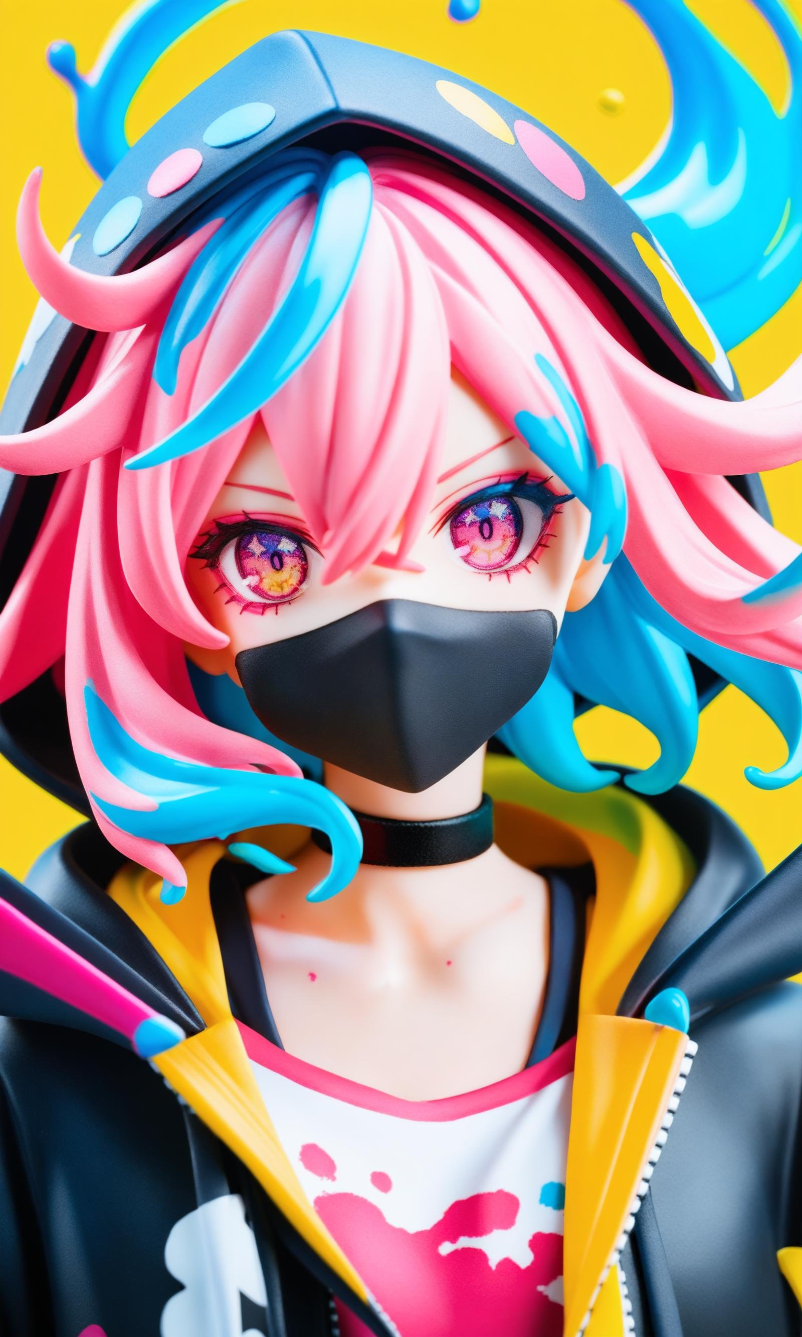 score_9,score_8_up,score_7_up,source_anime,solo,yellow background,choker,multicolored eyes,looking at viewer,1girl,black choker,portrait,multicolored hair,blue hair,pink hair,hood,halftone,short hair,pink eyes,liquid hair,covered mouth,paint splatter,floating hair,colorful,hair between eyes,makeup,hood down,