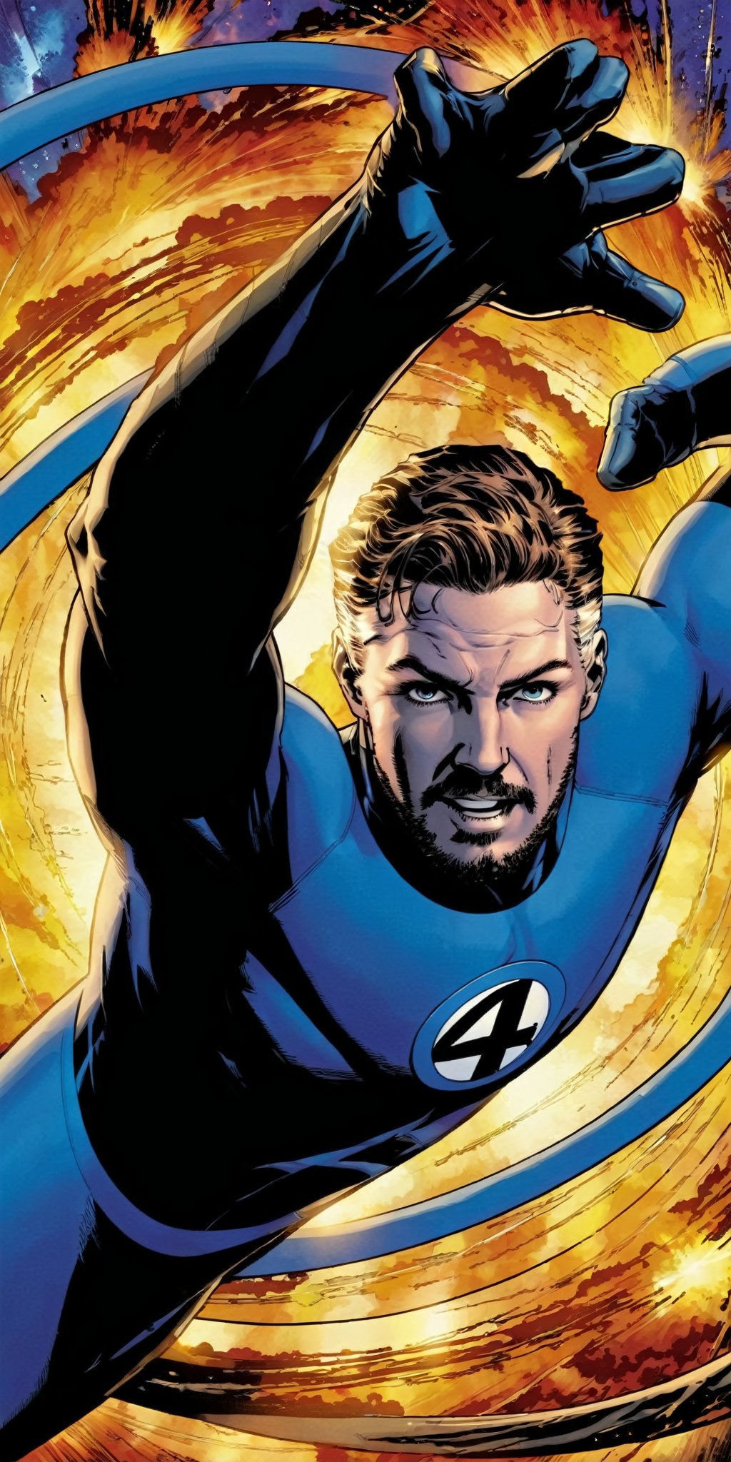 1boy,man stretching out his arms,multicolor_hair,explosion behind,facial_hair,Hero,Mr_Fantastic_Four_Fantastic