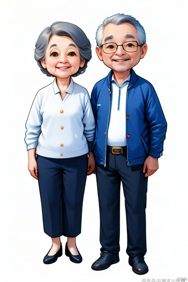 Q version, 3d, white background, a middle-aged and elderly couple, gray hair, kind little eyes, narrowed eyes, kind smile, no teeth, flat mouth, no glasses, high resolution, added detail,