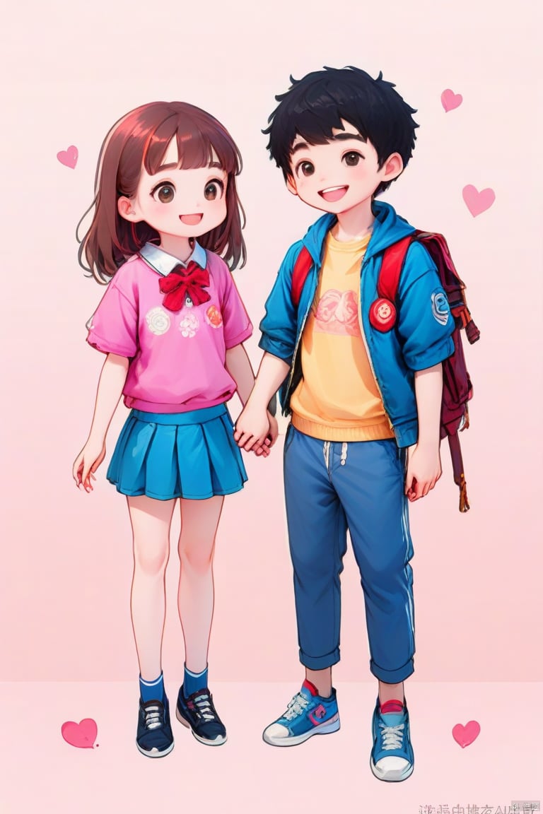 A Boy and a girl do IP, hand in hand, smile, sweet, pink background,