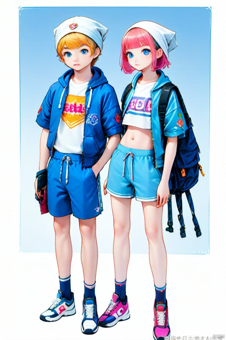 sbpk,1 girl,1 boy, look at the audience, short hair, Bangs, blue eyes, blonde hair, shirt, navel, blue hair, standing, jacket, body, white shirt, pink hair, short sleeves, multi-colored hair, shoes, shorts, socks, navel, pants, turban, straight bangs, bag, two-tone hair, lips, striped hair, crop top, gradient background, hoodie, blue background, backpack, turban down, sneakers, drawstring, purple shoes, purple shorts,