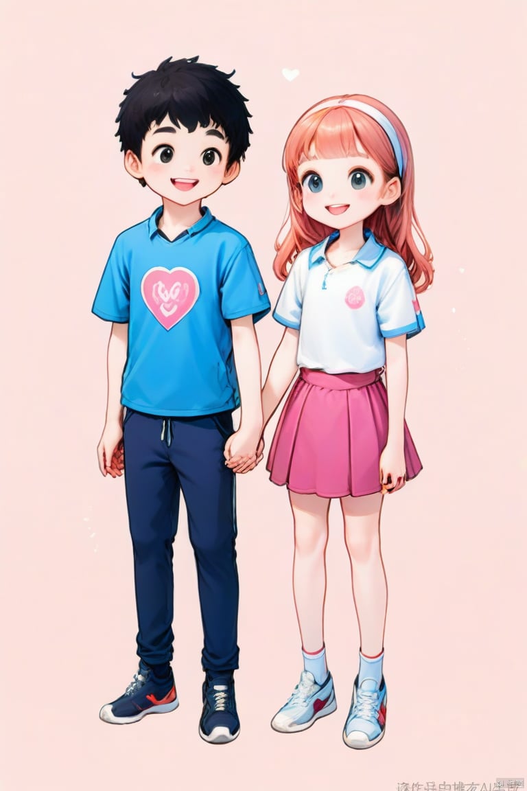 A Boy and a girl do IP, hand in hand, smile, sweet, pink background,