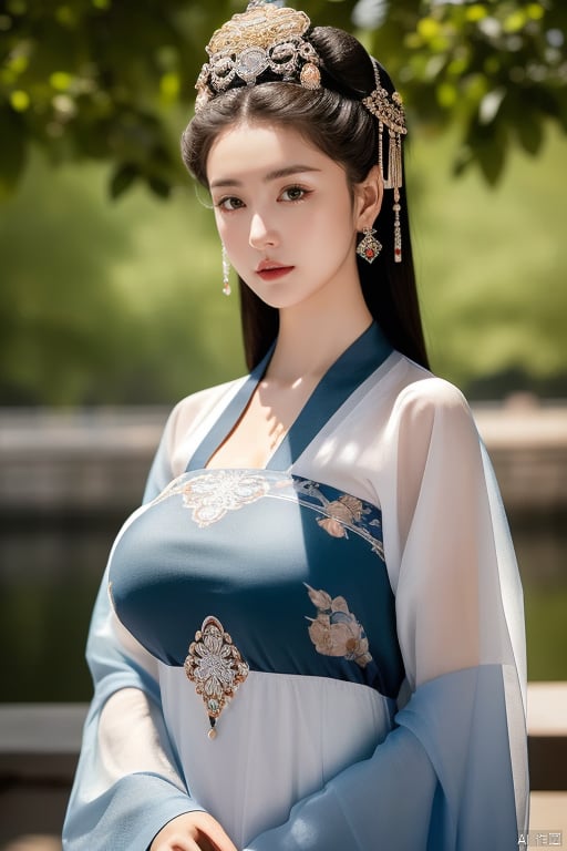 (Large breasts: 1.4),From a boyfriend's perspective, I capture my stunning girlfriend in a captivating half-length photo. She stands majestically on the ancient city wall of the Forbidden City, surrounded by the serenity of the Mamian Qun. Her upper body is framed at a 1:3 ratio, showcasing her exquisite features. Dressed in a traditional Chinese hanfu, she exudes elegance and poise. Her eyes sparkle under the soft light of day, as she gazes directly into my camera lens, filling me with admiration for this beautiful moment shared between us.,1girl,mamianqun, ((poakl))