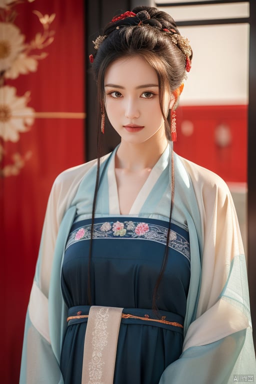 hanfu,1girl,solo,Boyfriend's perspective,(upper body: 1.3), half-length photo ,an exquisite girl wearing traditional chinese hanfu,in the Forbidden City,city wall,mamianqun, ((poakl))