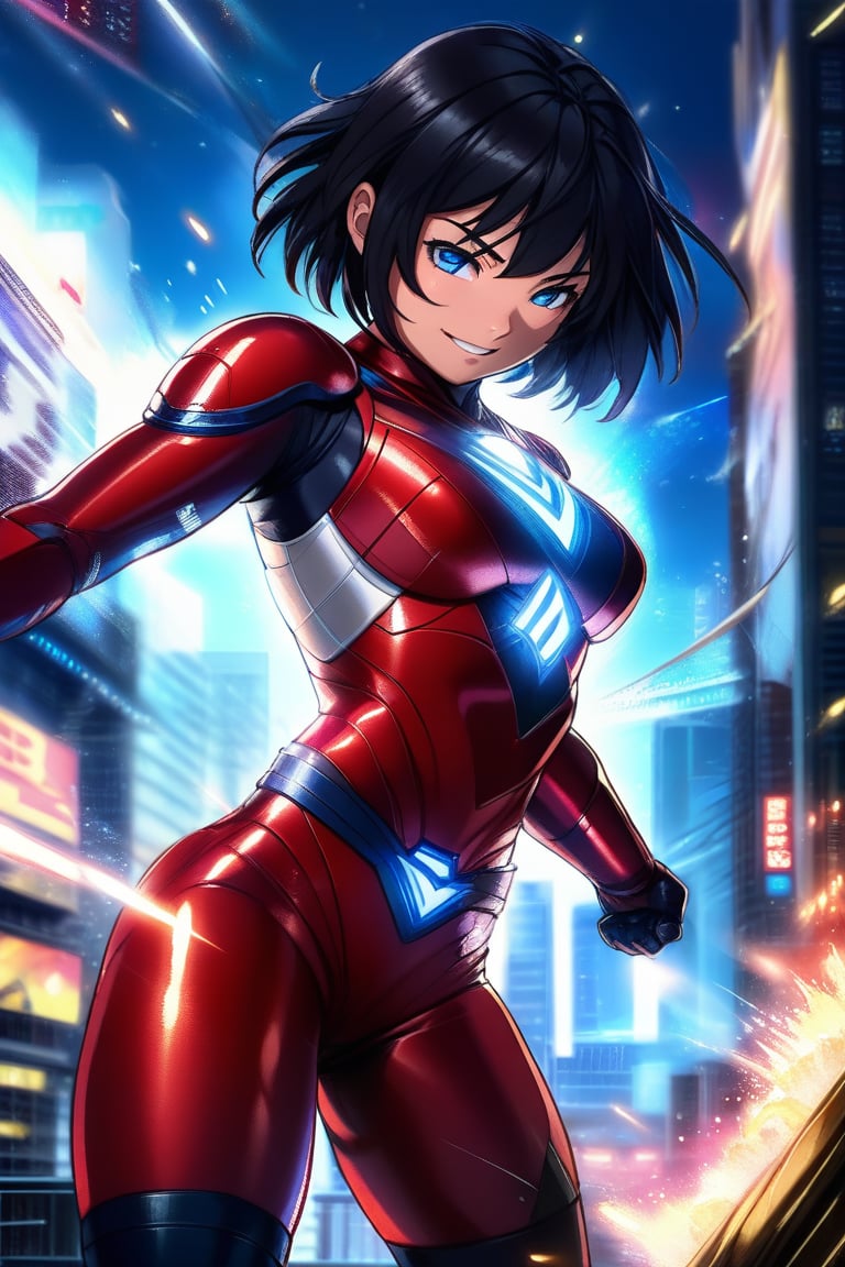 Here is a high-quality prompt for a masterpiece artwork:

 masterpiece,best quality,highly detailed,1girl,solo,takarada rikka,ssss.gridman,medium hair,black hair,blue eyes,large breasts, ,(ultgp :1),red ultraman bodysuit, clenched teeth,one eye closed,struggling, BREAK ,digiTransEffect,hologram,holographic body,holographic legs,holographic arms,holographic buildings,dynamic pose,fighting stance, highly detailed, diagram , dynamic, digital, style