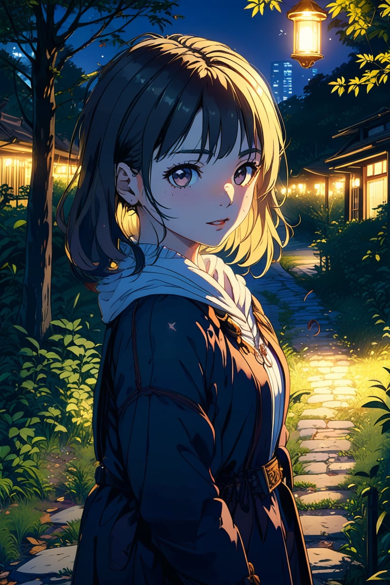 1 girl, portrait, anime style, night light, charming, nature 