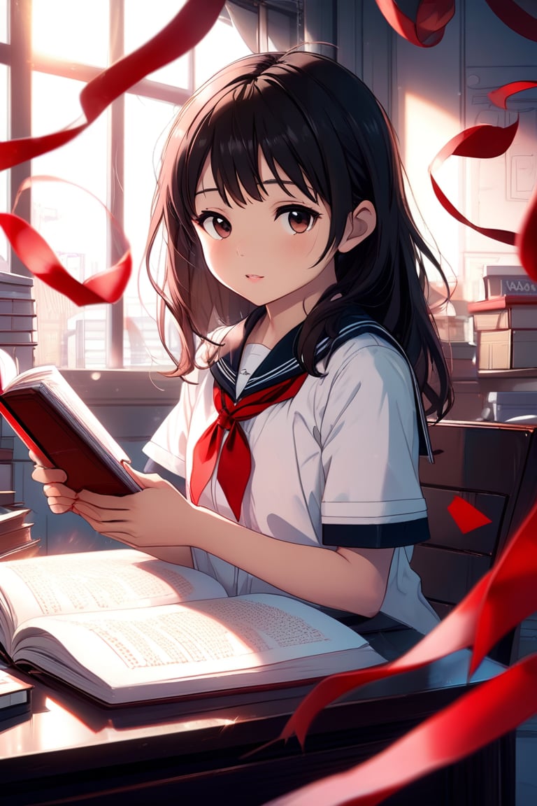 Anime, A serene desk scene: A lone girl in a crisp white school uniform sits in front of a tidy desk, surrounded by scattered red ribbons. She holds a worn book open, her gaze directly addressing the viewer with an air of quiet contemplation. Soft overhead lighting accentuates the delicate features and brightens the vibrant red hues.