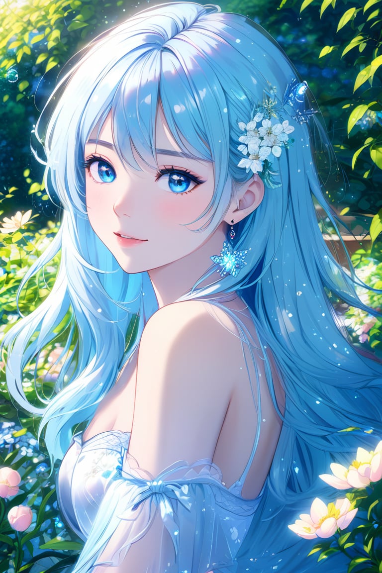 Beautiful girl, long hairstyle, blue hair, blue eyes, masterpiece quality, light particles, garden background, looking at viewer, upper body, Anime Style., highly detailed