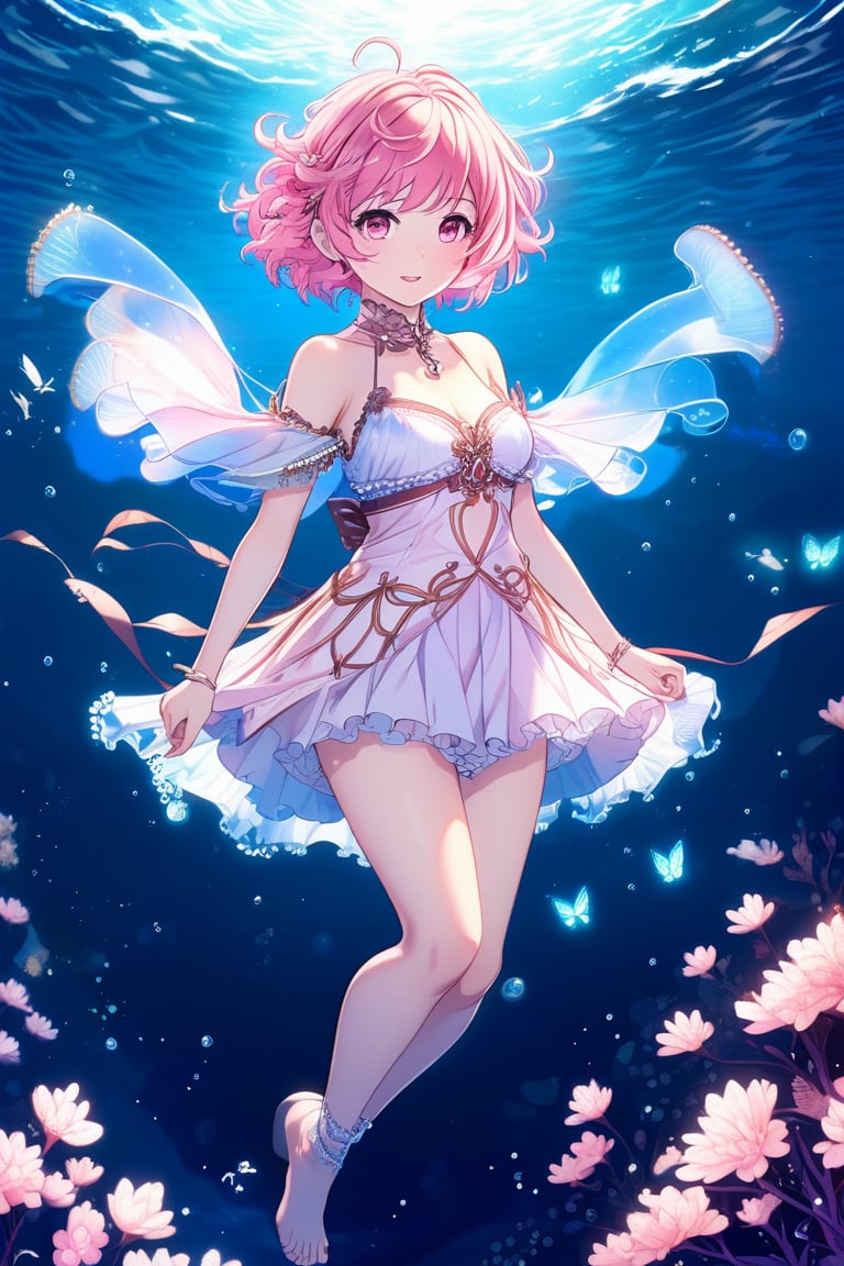 anime style, A girl is floating in the deep ocean, her full body visible as she drifts through the depths, wearing intricate dress, pink hair, short hair, anime, 1girl, floating, full body