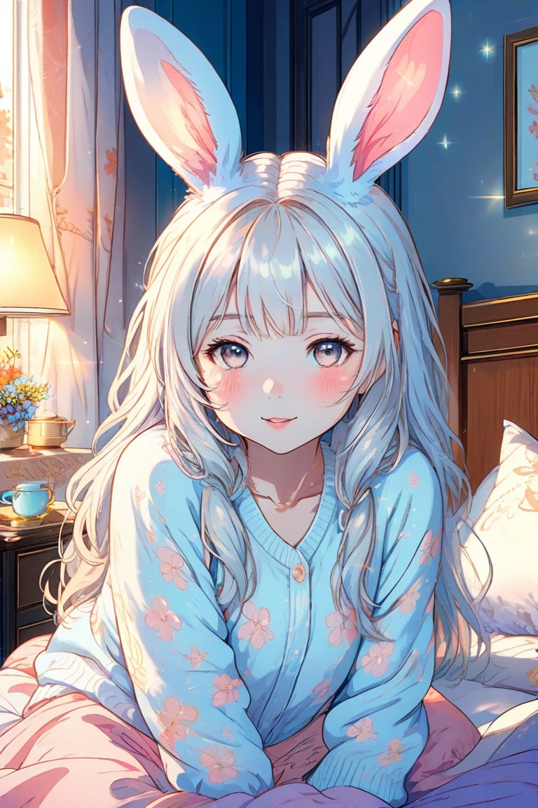 beautiful illustration, best quality, cute girl, bedroom, pastel color, fluffy bunny ears, , silver long hair, rabbit stuffed toy, bright lighting