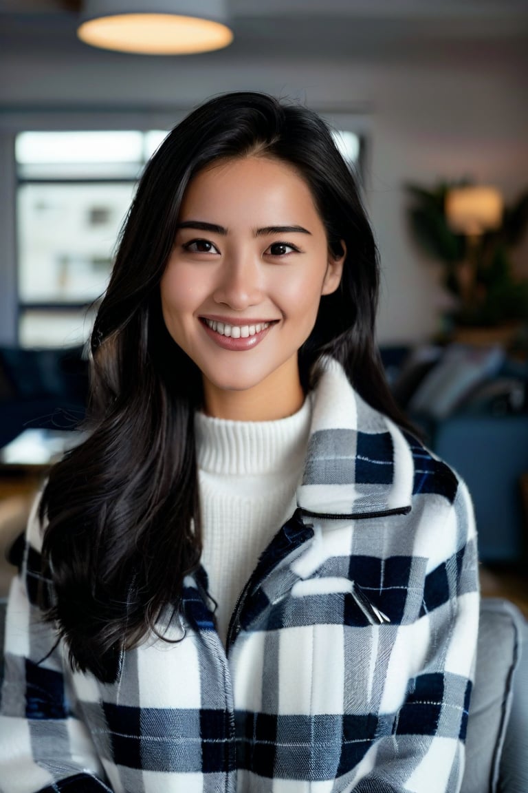 masterpiece portrait,
30yo woman wearing Plaid Polar Fleece Shacket with white textures 
long black dark hair slick back and smooth. Kissface. 
smile. Looking at camera. POV.
happy. 
Living room. Fully furnished.
Night time.
Portrait.