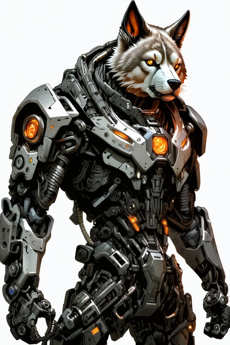 cyborg, solo, glowing, cable, science fiction,wolf, orange eyes, android, robot, glowing eyes, furr, mechanical parts