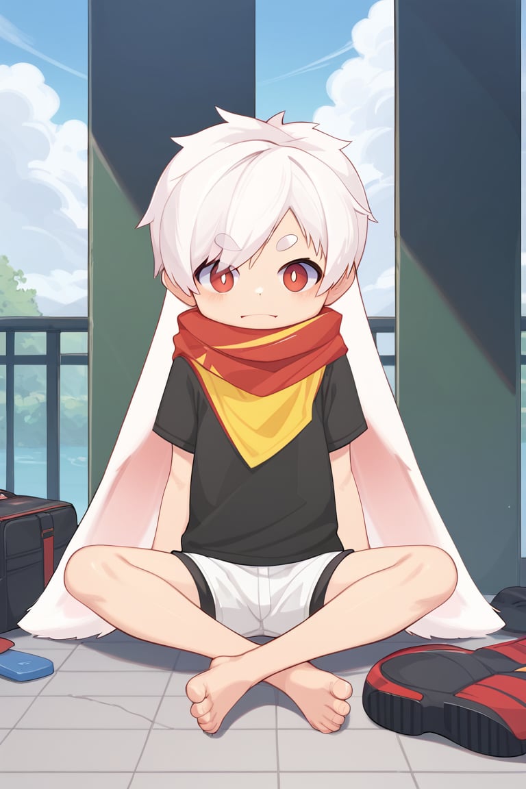 solo,male,shota,BREAK,
vup-bai,vup-bai face,white hair,(long lop_ears),red scarf,top,shorts,barefoot,BREAK,
(prefect_feets,prefect_hands,prefect_eyes:1.05),
background_sky,sit,BREAK,
score_9,score_8_up,score_7_up,score_6_up,score_5_up,