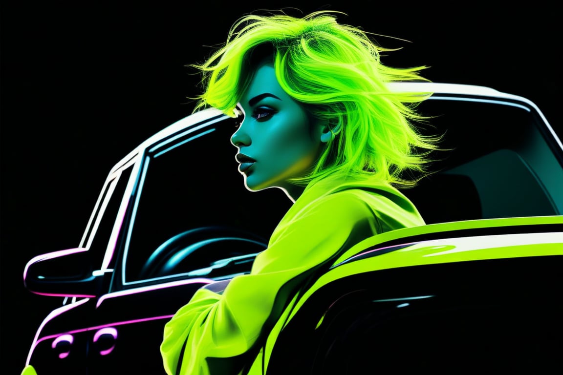 cover painting banner a girl with green neon hair, green cloth, car, black background, contact eyes, best quality