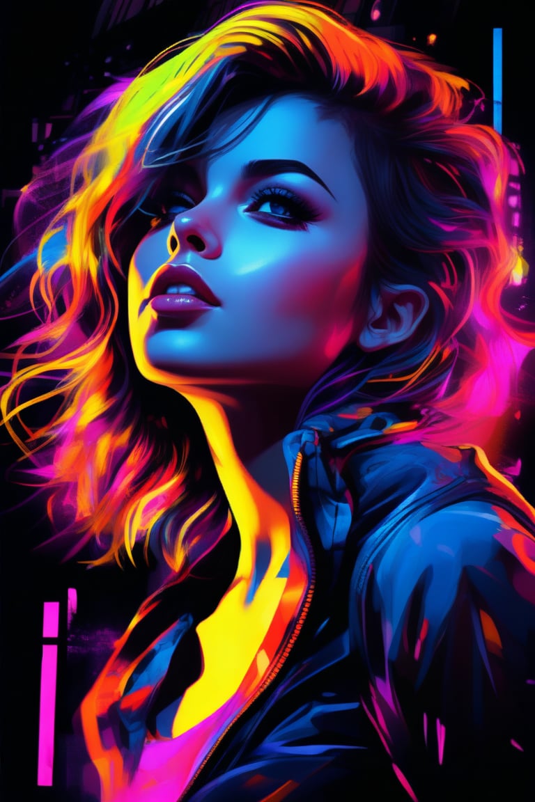 cover painting banner a girl with neon hair, neon cloth, car, black background, contact eyes, best quality