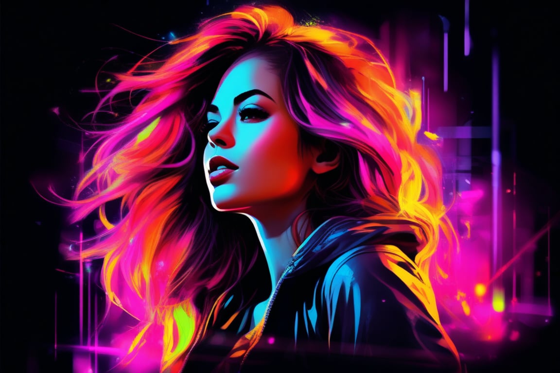 cover painting banner a girl with neon hair, neon cloth, car, black background, contact eyes, best quality