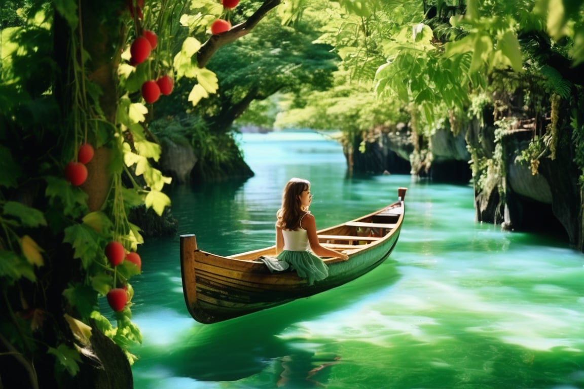 A serene island landscape: a young girl sitting on a wooden boat, surrounded by lush greenery of vines and towering trees. 