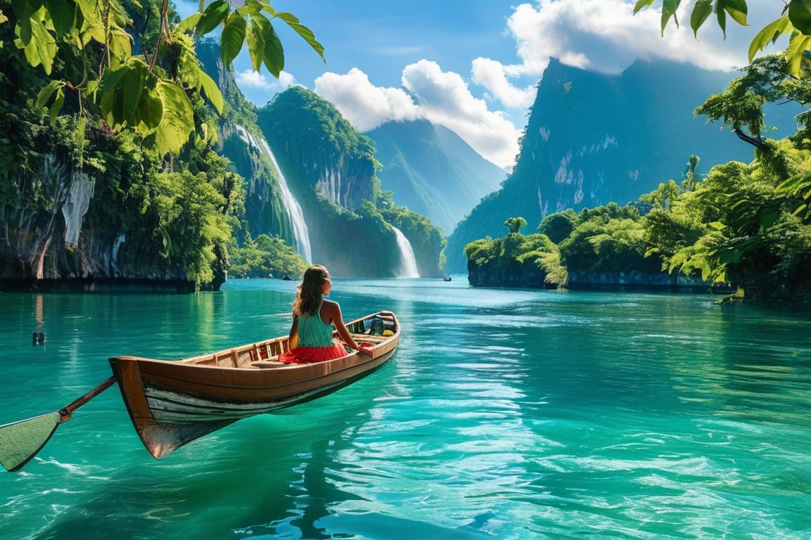 A serene island landscape: a young girl sitting on a wooden boat, surrounded by lush greenery of vines and towering trees. The majestic mountain range looms in the distance, with misty waterfalls cascading down their rugged faces. Vibrant colors pop against the sun-kissed sky, capturing the essence of a photographer's paradise.