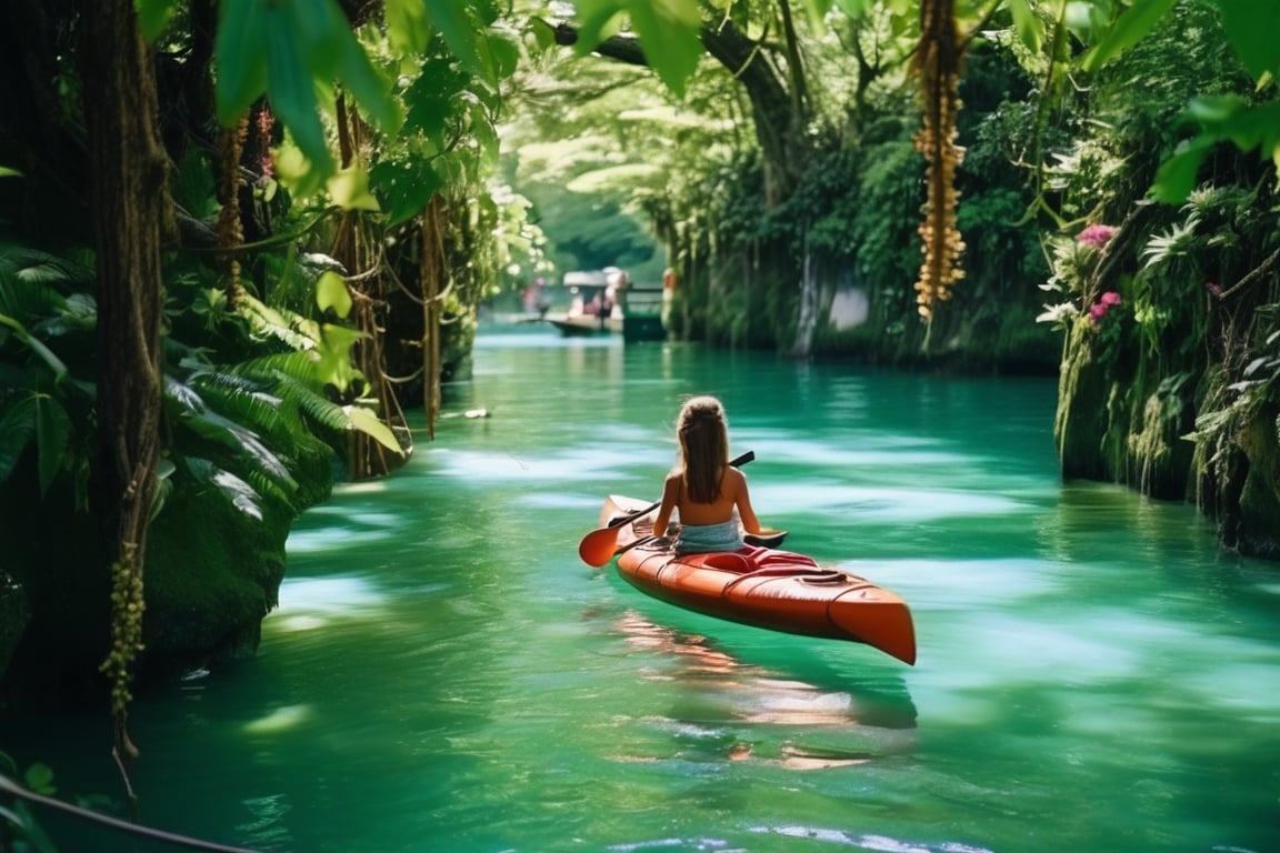 A serene island landscape: a young girl sitting on a Kayak bout, surrounded by lush greenery of vines and towering trees. 