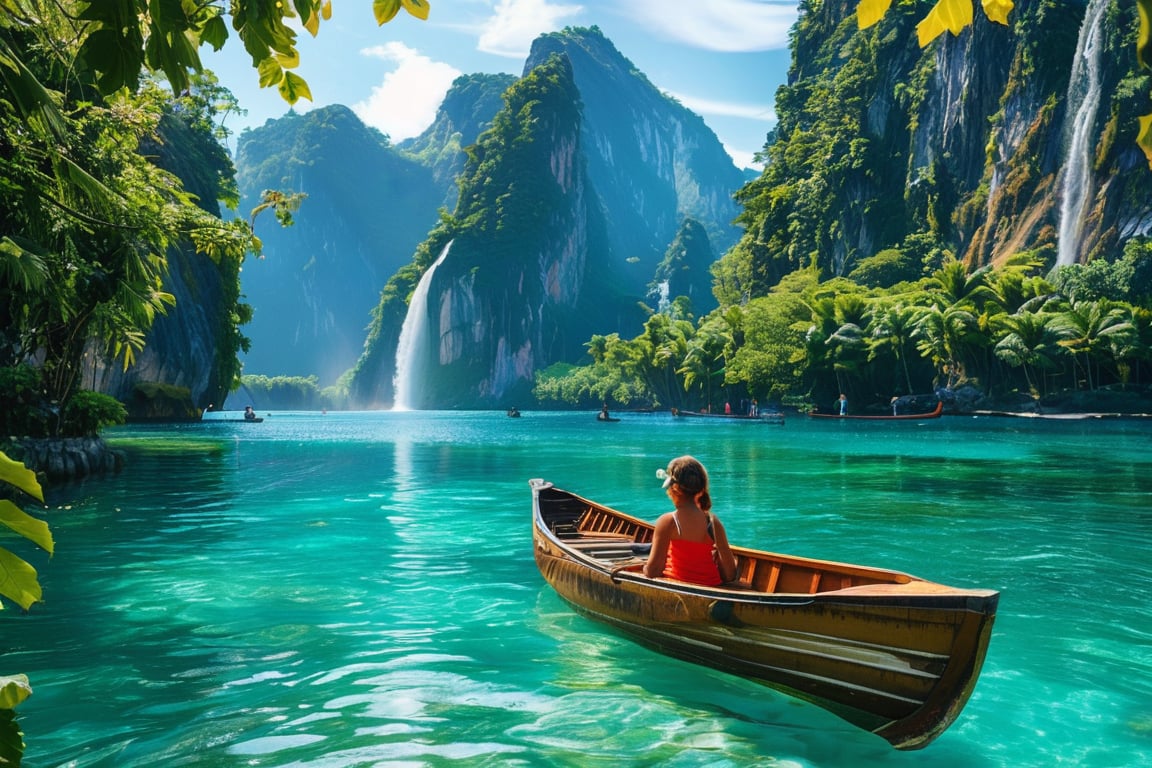 A serene island landscape: a young girl sitting on a wooden boat, surrounded by lush greenery of vines and towering trees. The majestic mountain range looms in the distance, with misty waterfalls cascading down their rugged faces. Vibrant colors pop against the sun-kissed sky, capturing the essence of a photographer's paradise.