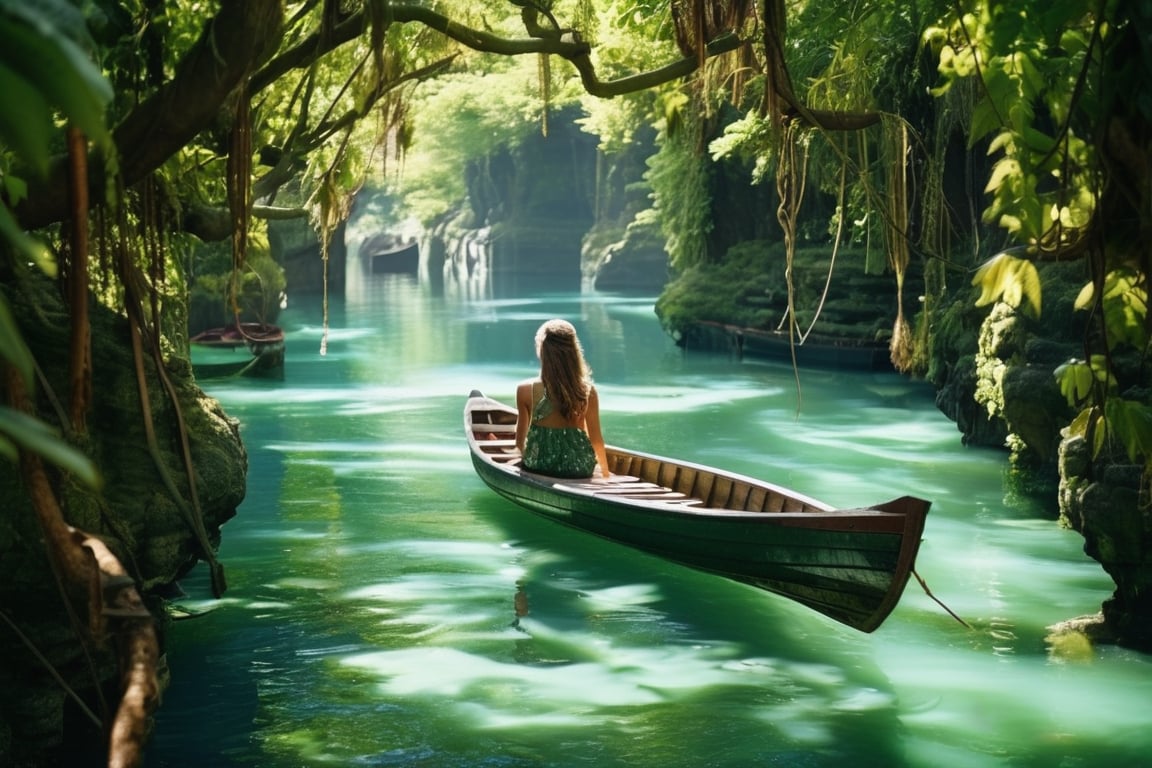 A serene island landscape: a young girl sitting on a wooden boat, surrounded by lush greenery of vines and towering trees. 