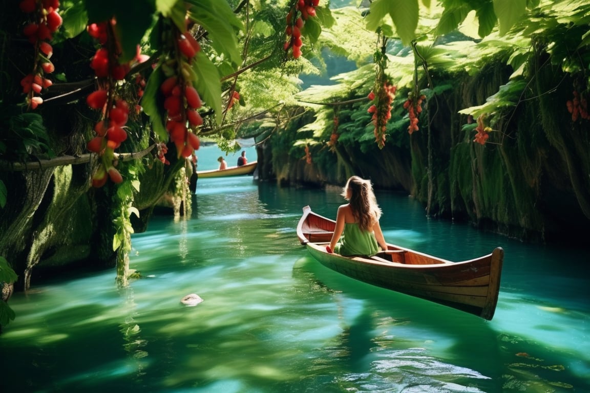 A serene island landscape: a young girl sitting on a wooden boat, surrounded by lush greenery of vines and towering trees. 