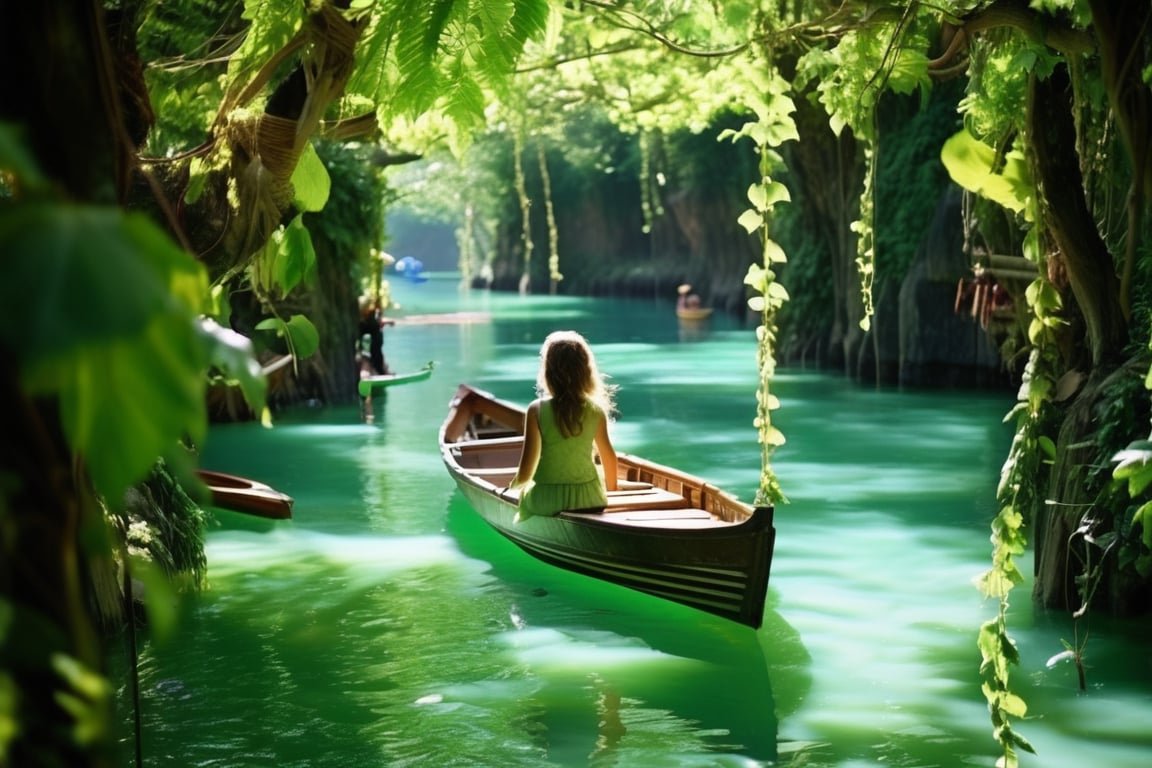 A serene island landscape: a young girl sitting on a wooden boat, surrounded by lush greenery of vines and towering trees. 