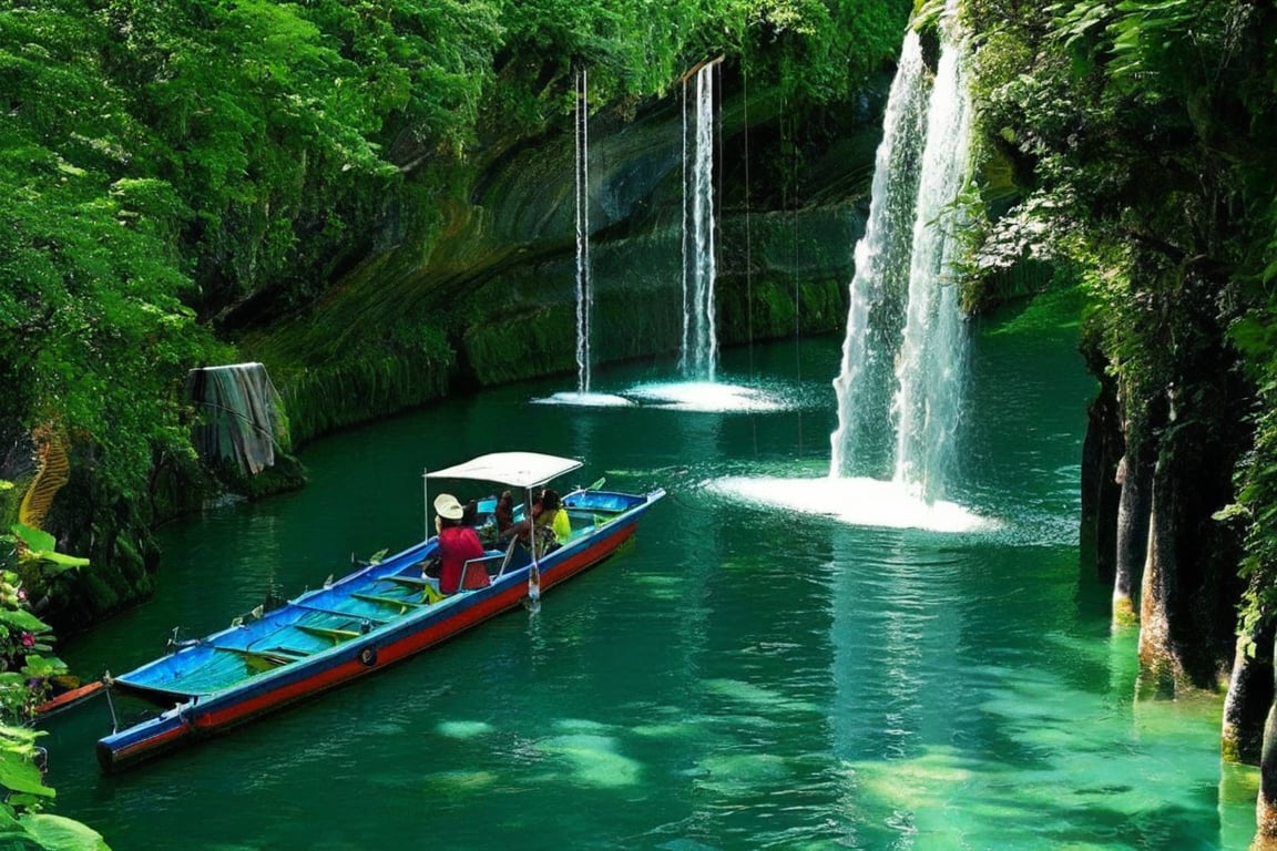 Island landscape, boat, trees, vines, mountains, waterfalls, photography, vivid color