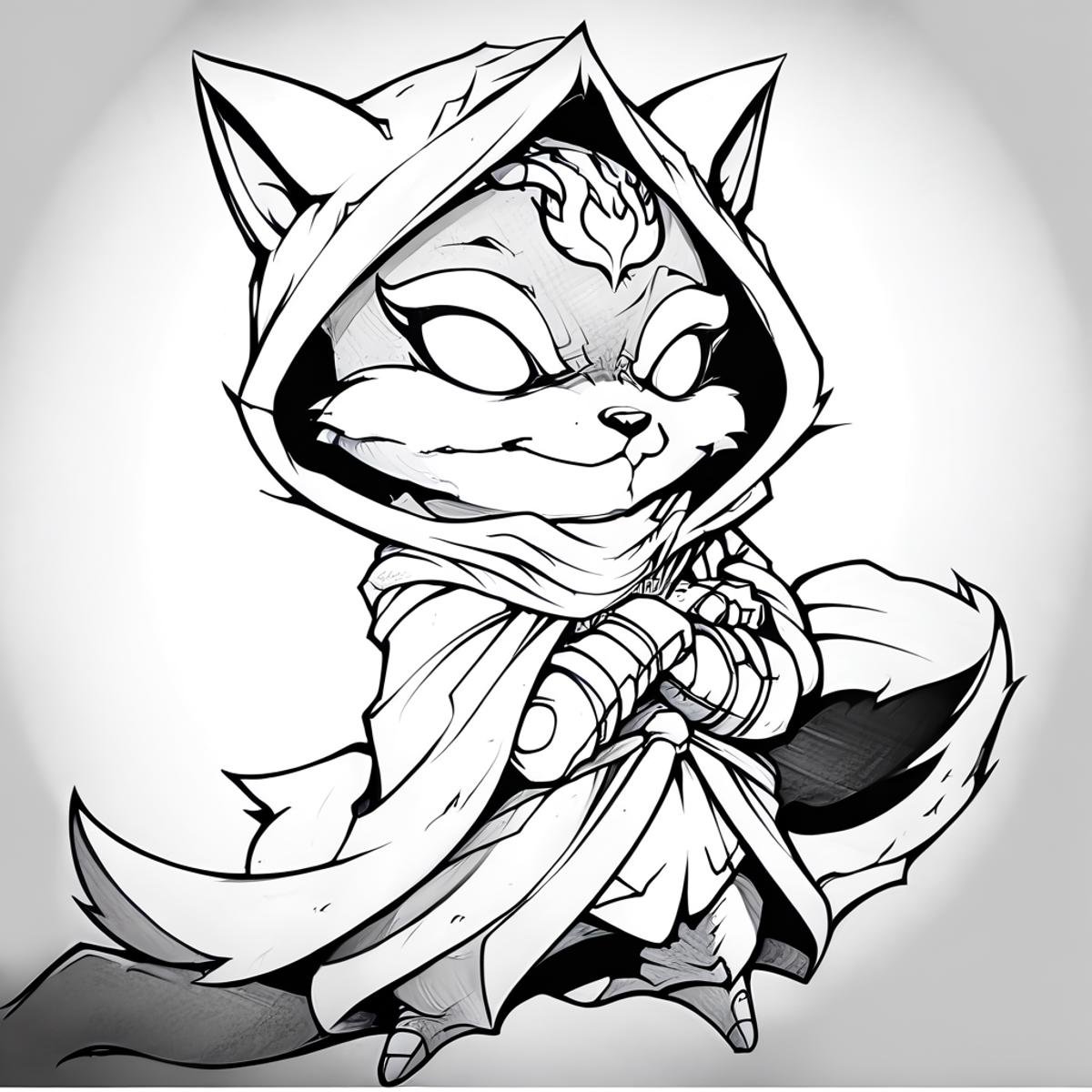 blonde hair, crack, sly expression, fox from league of legends chibi, tiger,  red scarf, cloak with hood,  concept art, gloves, colored sclera, teeth, orange fur, barefoot, blue sky, abs