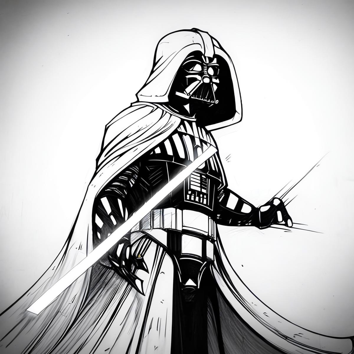 Darth vader, cloak with hood,  concept art, menacing, electricity, moody, lightsaber, evang