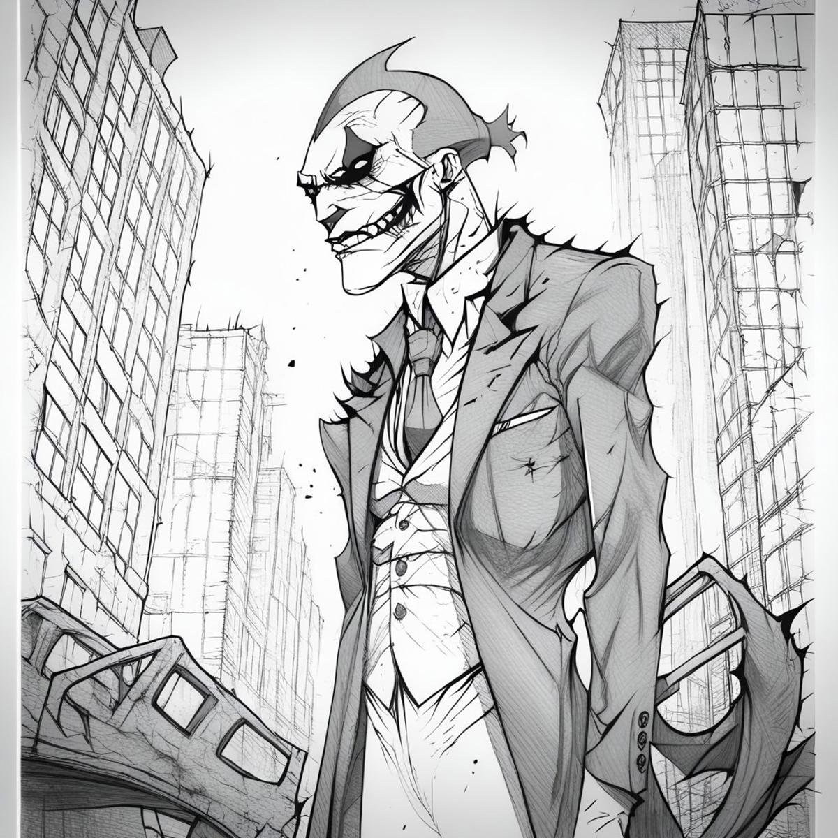 Evang, the Joker standing in a destroyed city street with torn clothing, scars, scratches, battle damaged suits, slender, menacing look, monochromatic