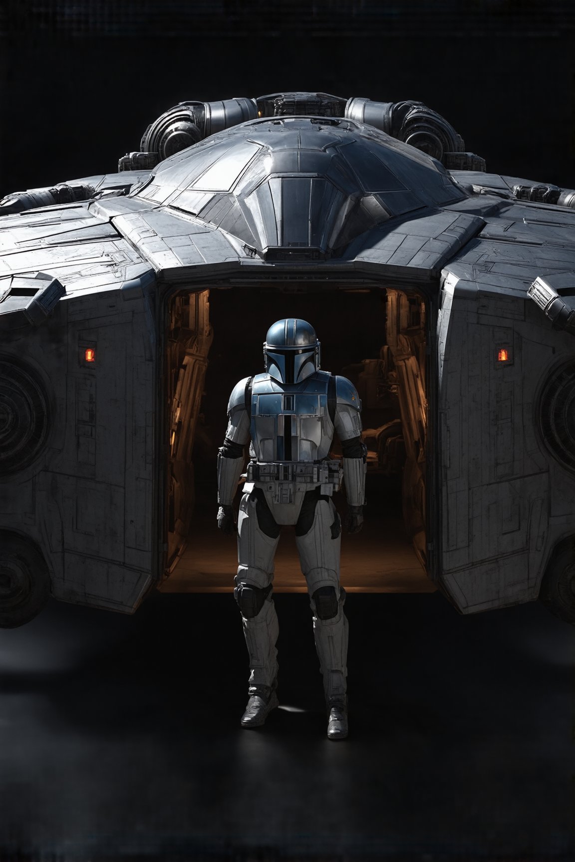 ((Ultra-realistic)) photo of Razor Crest,a starsip in Star Wars film,Mandalorian's starship,parked on ground,front part to the left,dark,entrance door open,person standing in the entrance,dark background,front part shown in frame,depth of perspective,starship focus,(wide shot)
BREAK
sharp focus,high contrast,studio photo,trending on artstation,rule of thirds,perfect composition,(Hyper-detailed,masterpiece,best quality,UHD,HDR,32K,shiny, glossy,reflective,kodachrome 800:1.3),ek_raz0r_cre5t