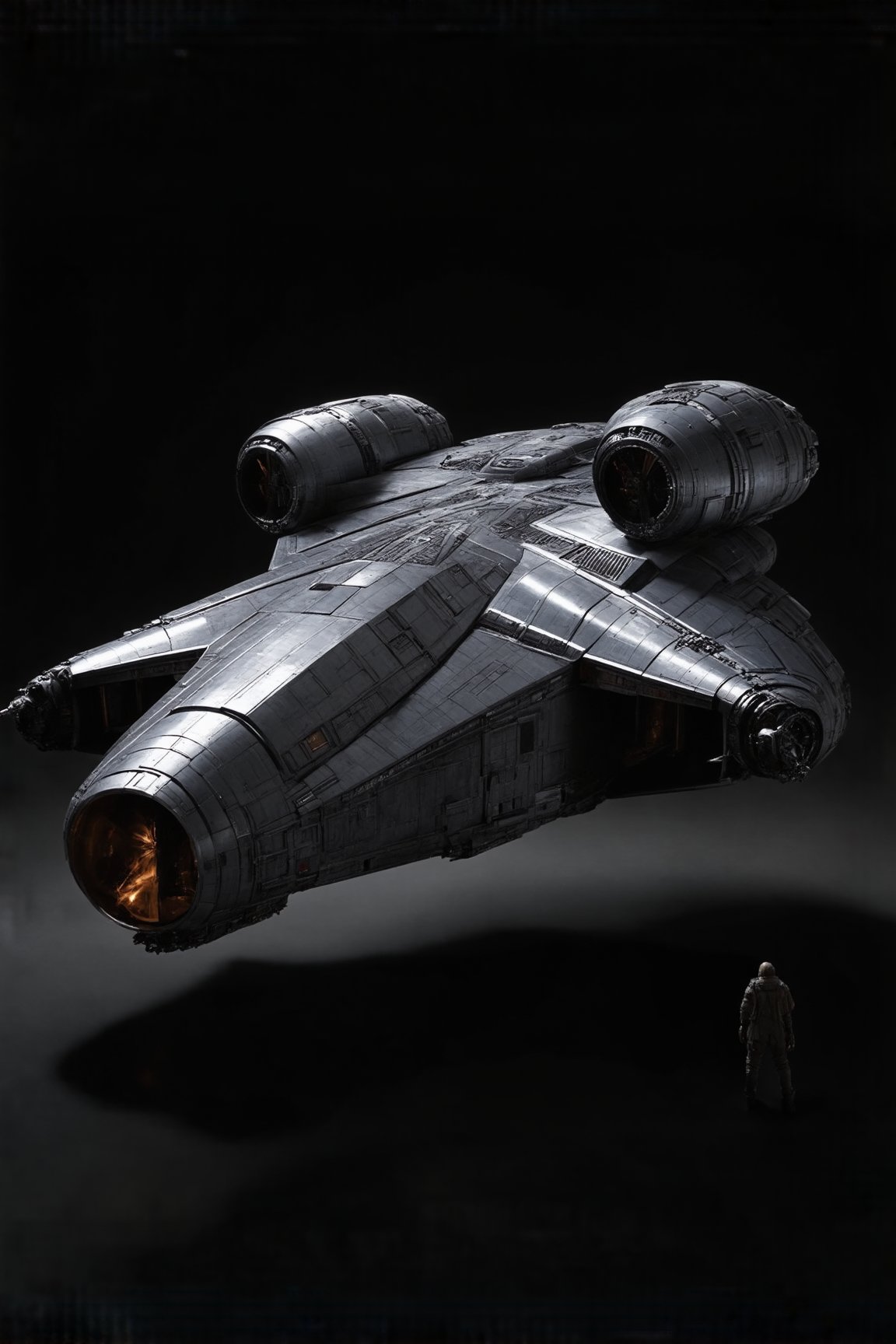 ((Ultra-realistic)) photo of Razor Crest,a starsip in Star Wars film,Mandalorian's starship,parked on ground,front part to the left,dark,entrance door open,person standing in the entrance,dark background,front part shown in frame,depth of perspective,starship focus,(wide shot)
BREAK
sharp focus,high contrast,studio photo,trending on artstation,rule of thirds,perfect composition,(Hyper-detailed,masterpiece,best quality,UHD,HDR,32K,shiny, glossy,reflective,kodachrome 800:1.3),ek_raz0r_cre5t