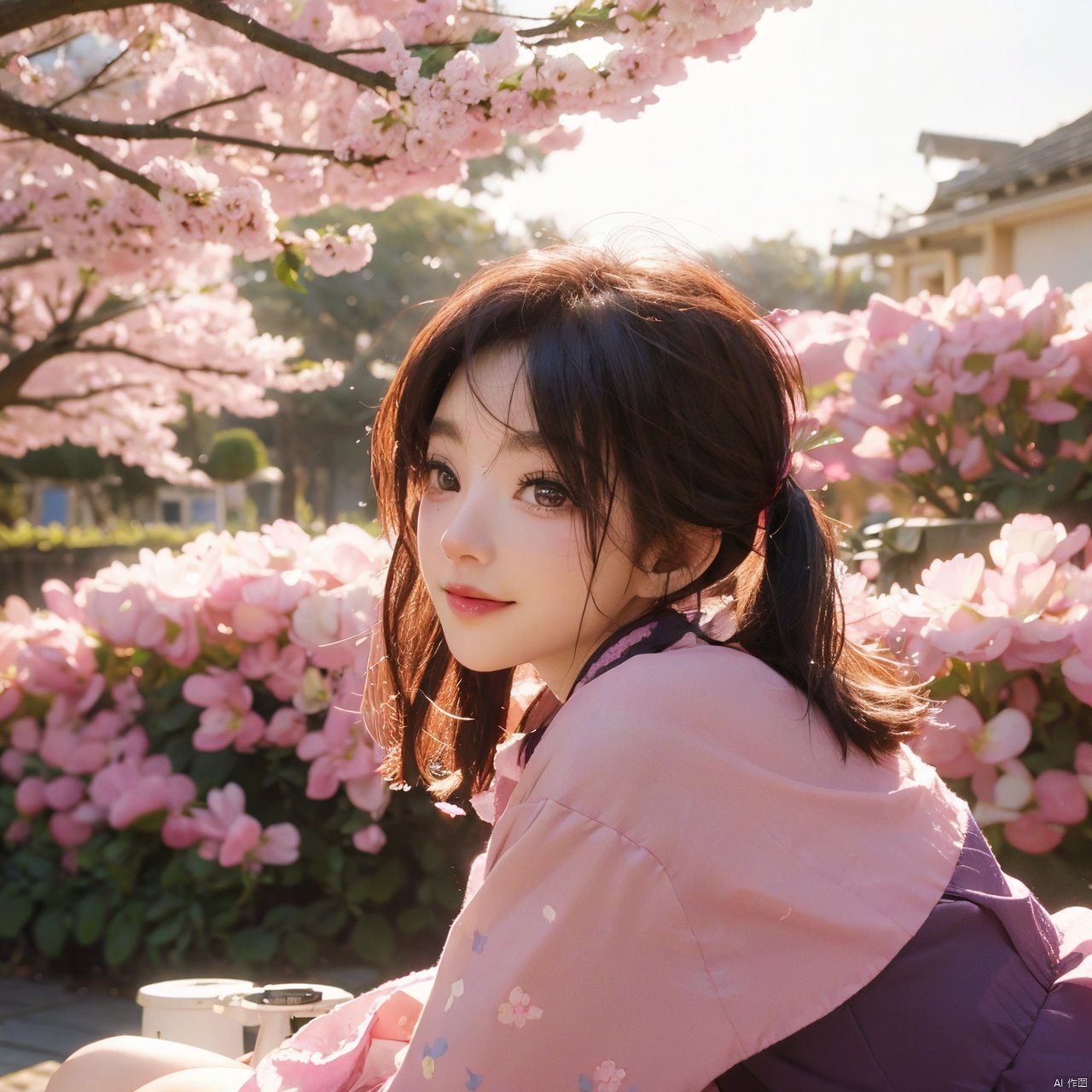 ((masterpiece, best quality)),girl, solo, looking at viewer, blush, smile, 1girl,[sitting under the sakura tree,knee up], (from below,wide shot,mid shot,full body,panorama,depth of field),(looking up),(pink petals,tyndall effect,English text) （（game cg style））,(masterpiece),(best quality),illustration,ultra detailed,hdr,Depth of field,(colorful)nes, purple theme, watercolor \(medium\), mahiro