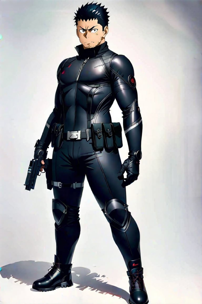 A solo figure of Hibino Kafka stands tall on a clean white background. He sports jet-black hair and wears a sleek bodysuit adorned with armor plating. His eyes seem to absorb the light, appearing black as coal. A pair of gloves, one black and the other grey, encase his hands as he holds a handgun at his side. The weapon's holster is visible on his hip, and he wears sturdy boots that make him look ready for action. Despite the serious demeanor, Kafka's closed mouth is slightly upturned in a subtle smile.,Anime style