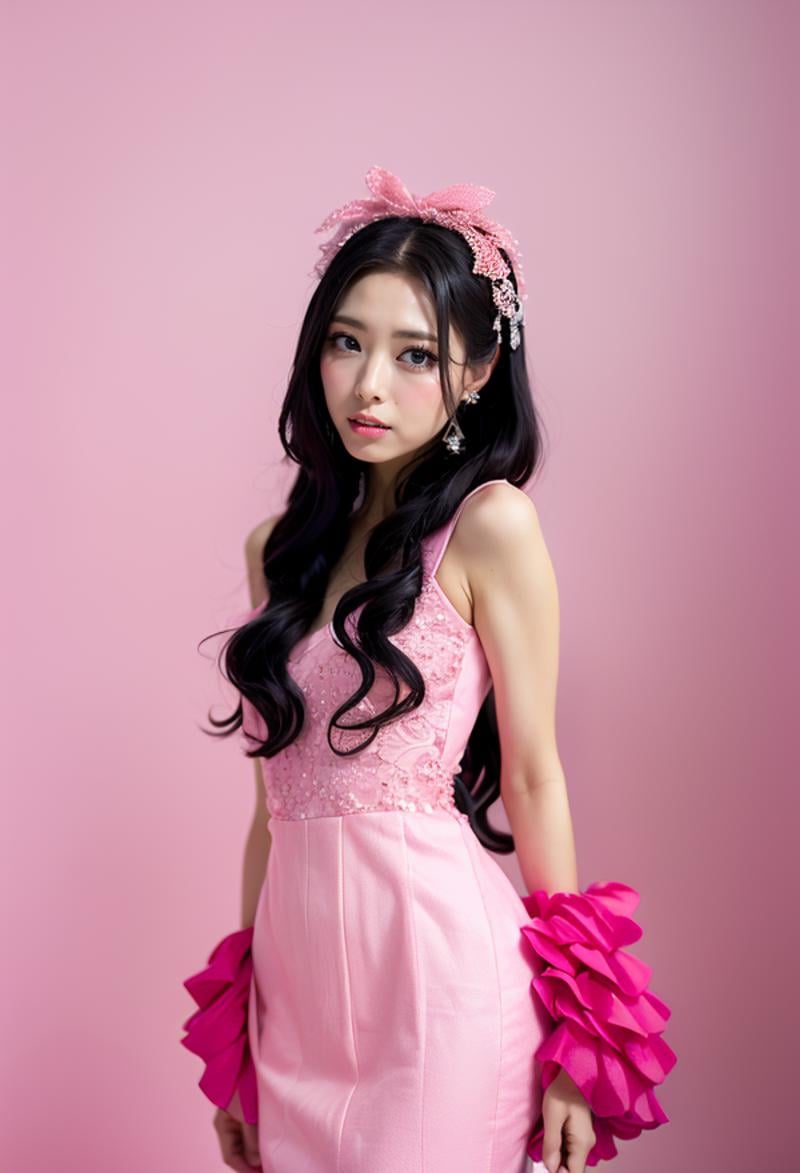 , (realistic), (hyperrealism), (photorealistic:1.4), 1girl, black hair, dress, hair ornament, lips, looking at viewer, makeup, (pink background:1.2), realistic, ribbon, sleeveless, solo, standing, white dress, <lora:Yuna_V2:1> Yun@,