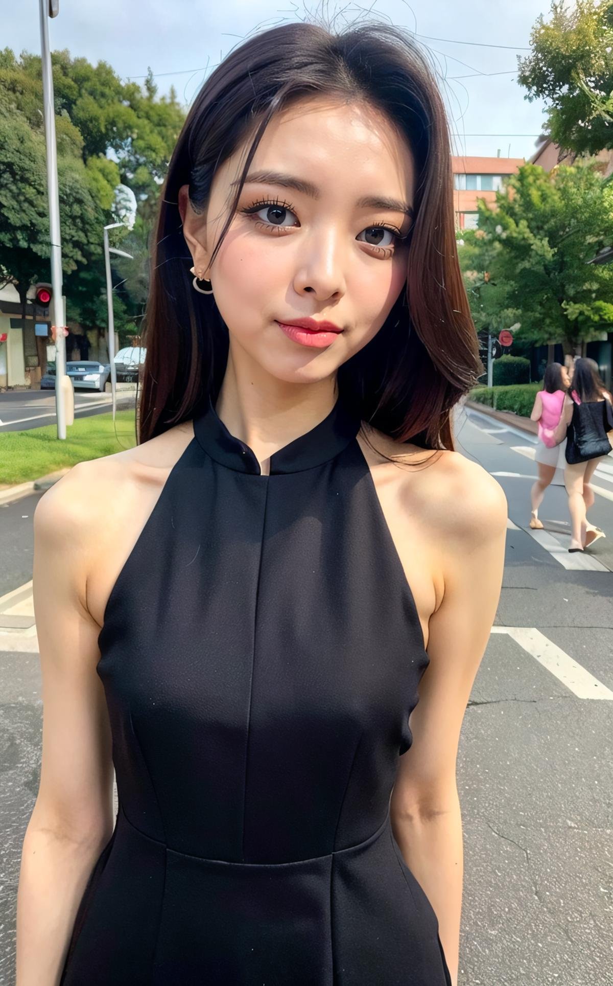 <lora:Yuna_V2:1> Yun@, (realistic), (hyperrealism), (photorealistic:1.4), 1girl, looking at the viewer, eye makeup, detailed eyes, detailed face, (upper body:1.2), detailed background, black dress, walking at the streets, sunset, (windy:1.2)