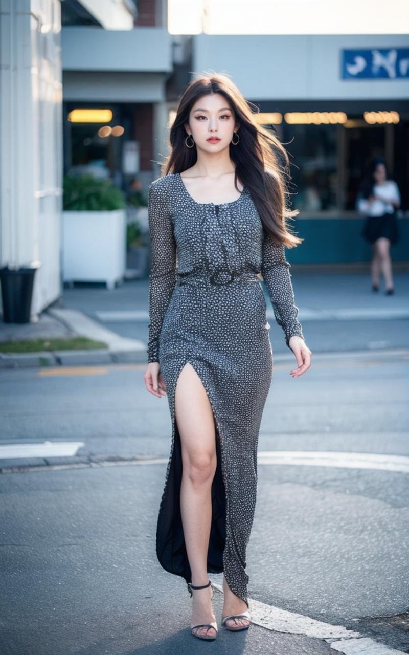 <lora:Yeji_V2:1> Y€j!,, (realistic), (hyperrealism), (photorealistic:1.4), 1girl, looking at the viewer, eye makeup, detailed eyes, detailed face, (Full body:1.2), detailed background, black dress, walking at the streets, sunset, (windy:1.2)